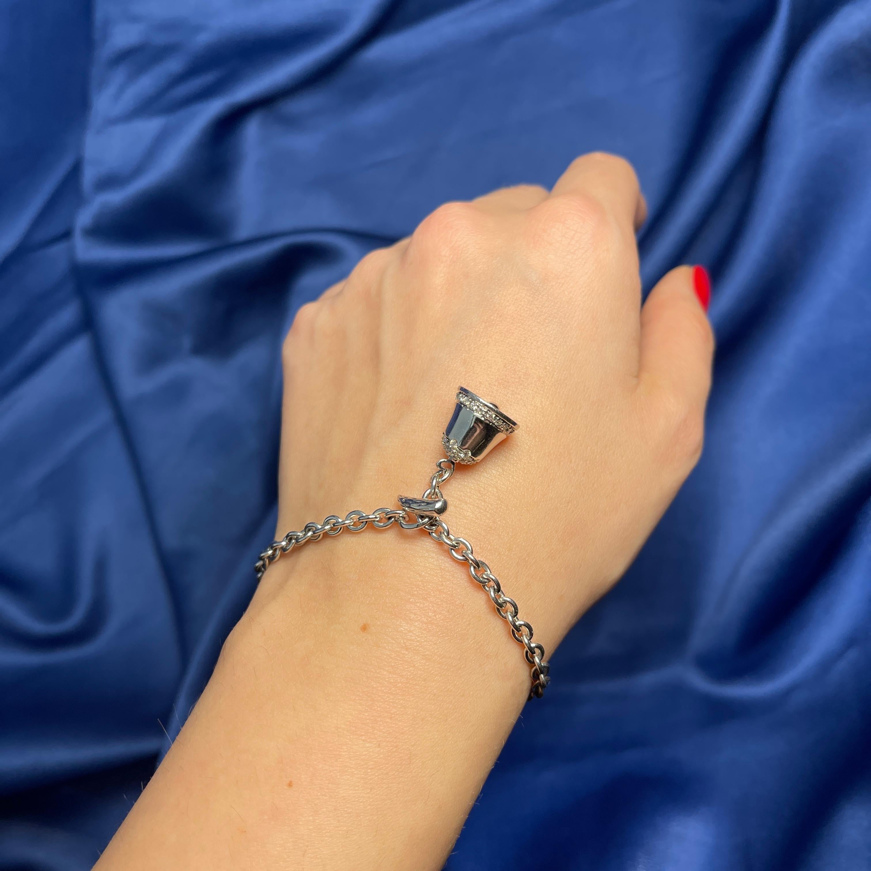 Women's or Men's 18K White Gold Bracelet with Diamond Pavé Bell Charm For Sale