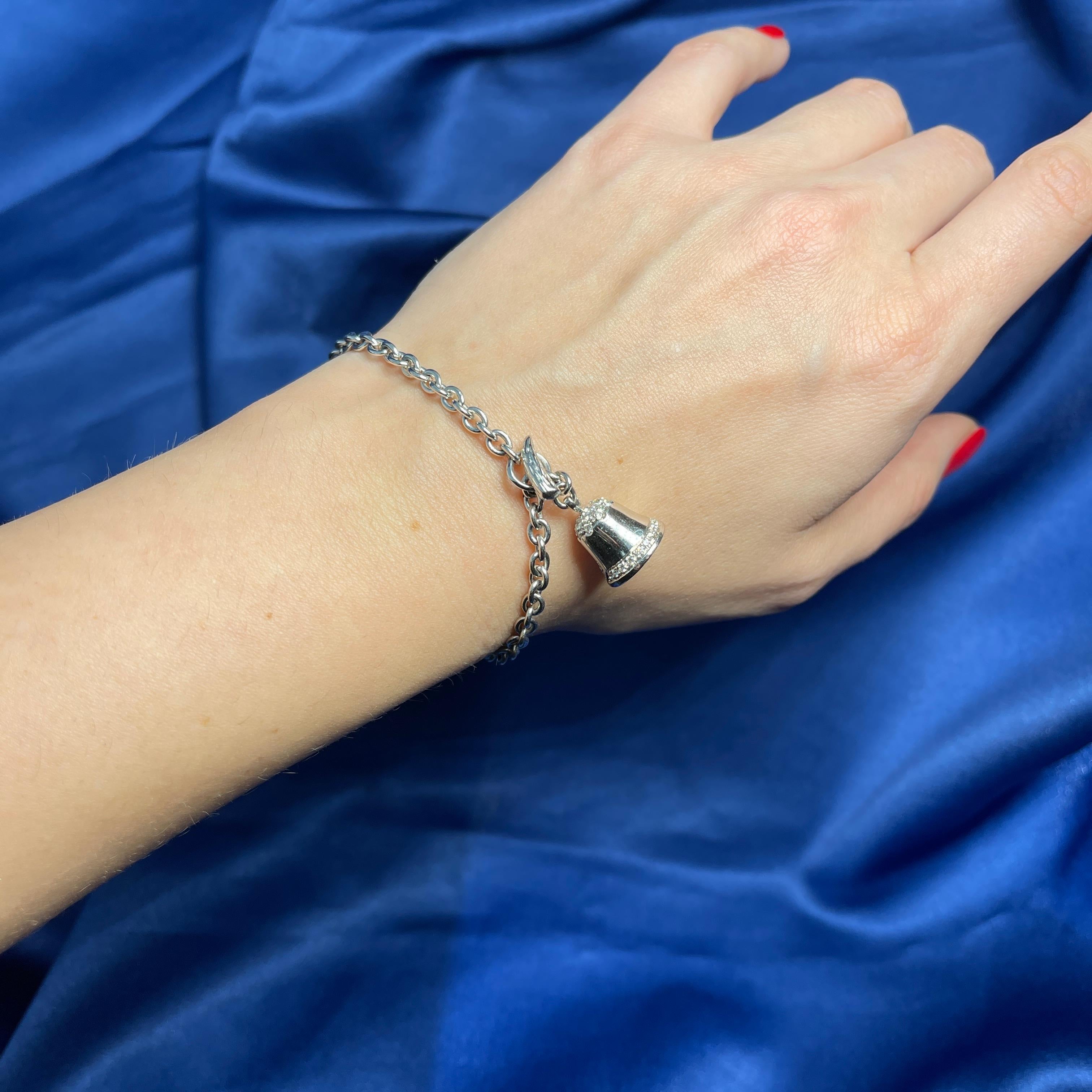18K White Gold Bracelet with Diamond Pavé Bell Charm For Sale 1