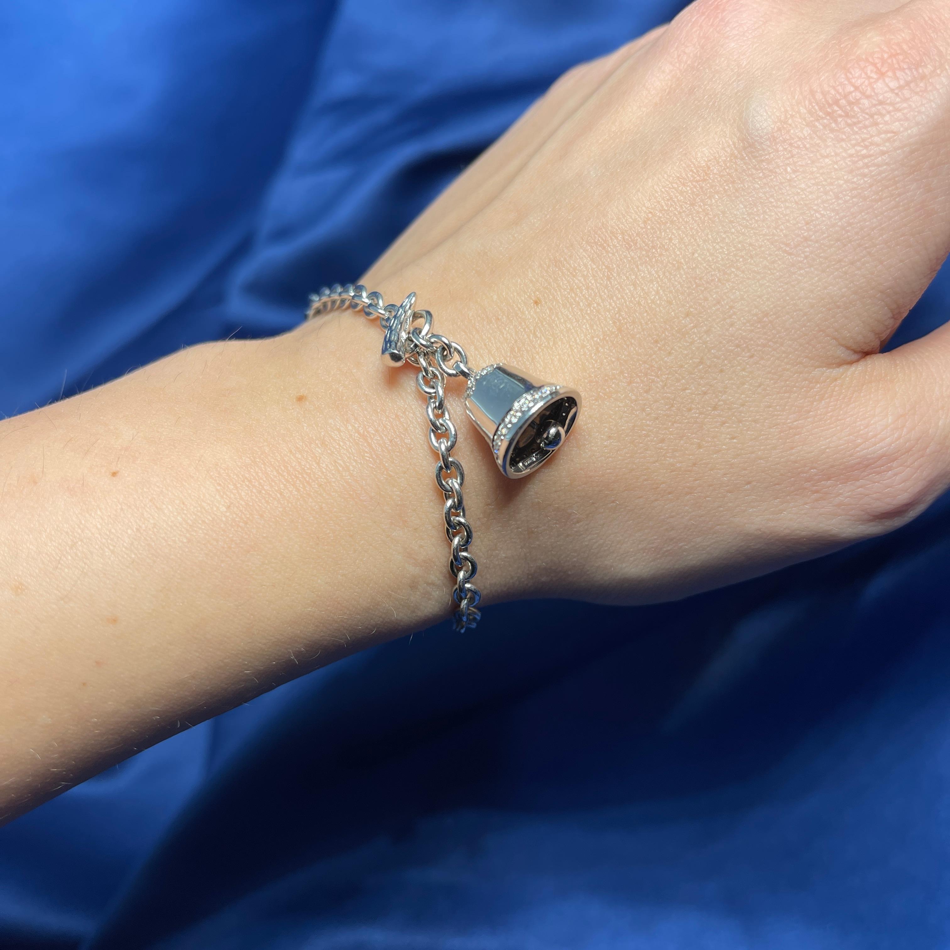 18K White Gold Bracelet with Diamond Pavé Bell Charm For Sale 2
