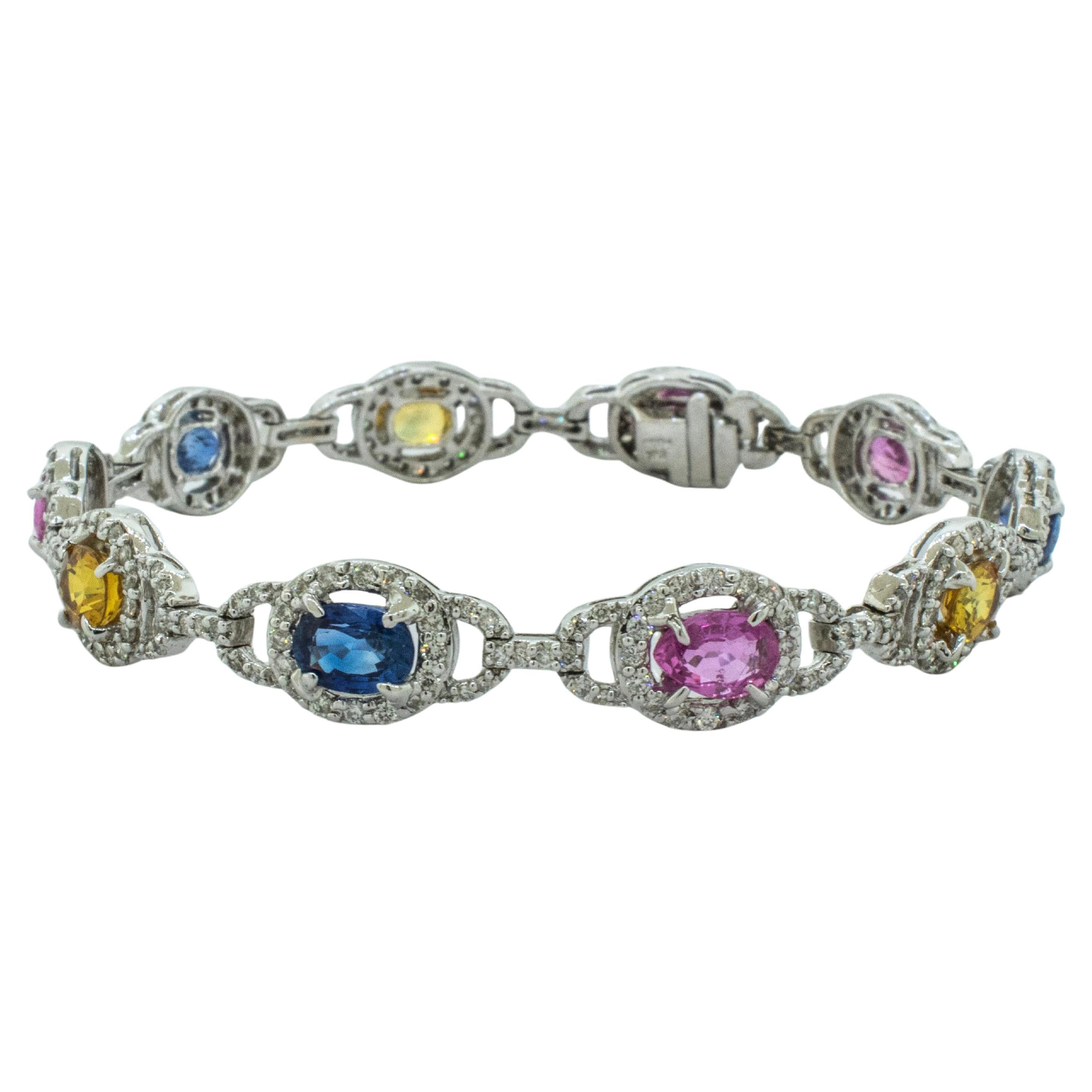 18k White Gold Bracelet with Fancy Pink, Yellow & Blue Sapphires and Diamonds