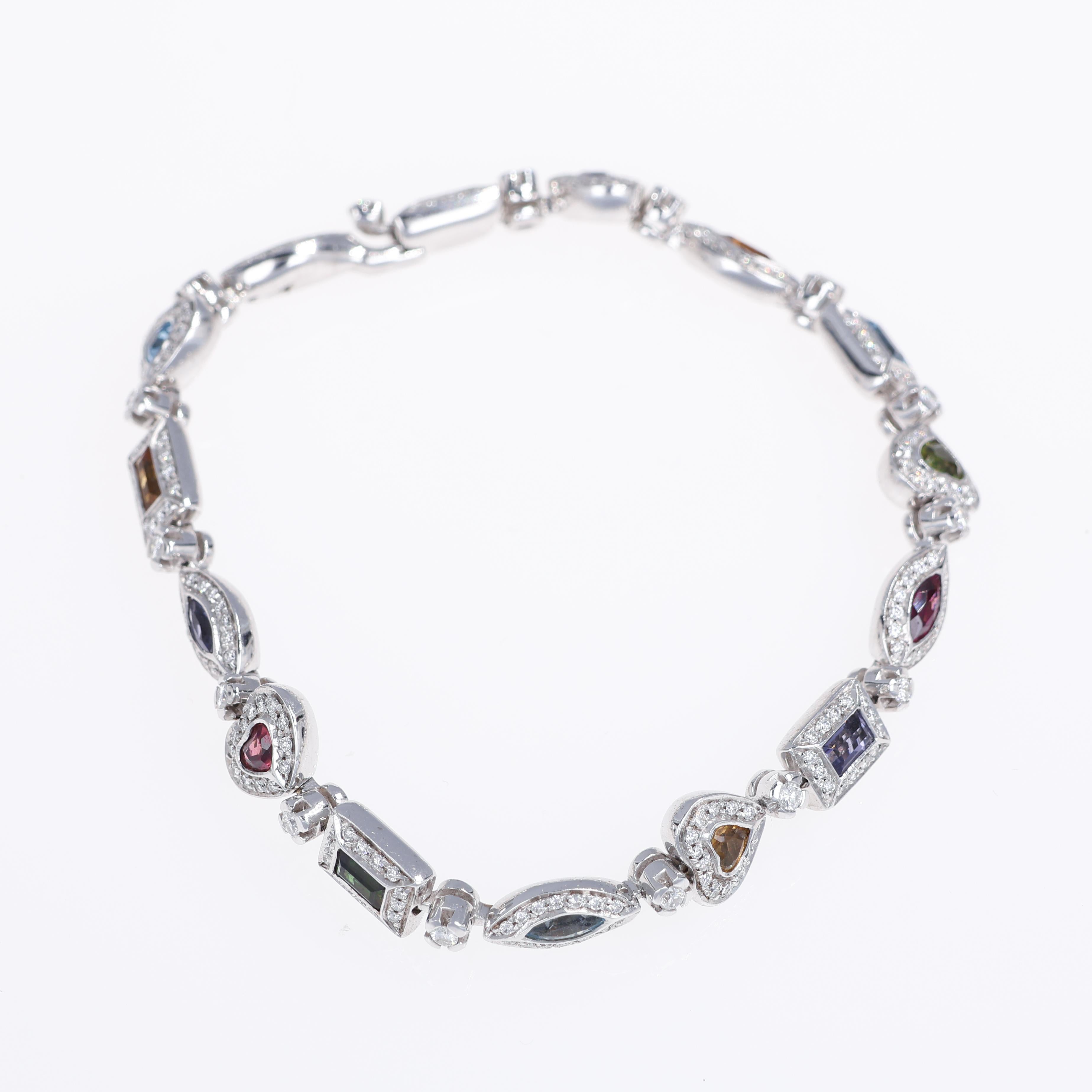Taglio brillante Bracciale in oro bianco 18K con pietre dure, diamanti e tsavoriti in vendita