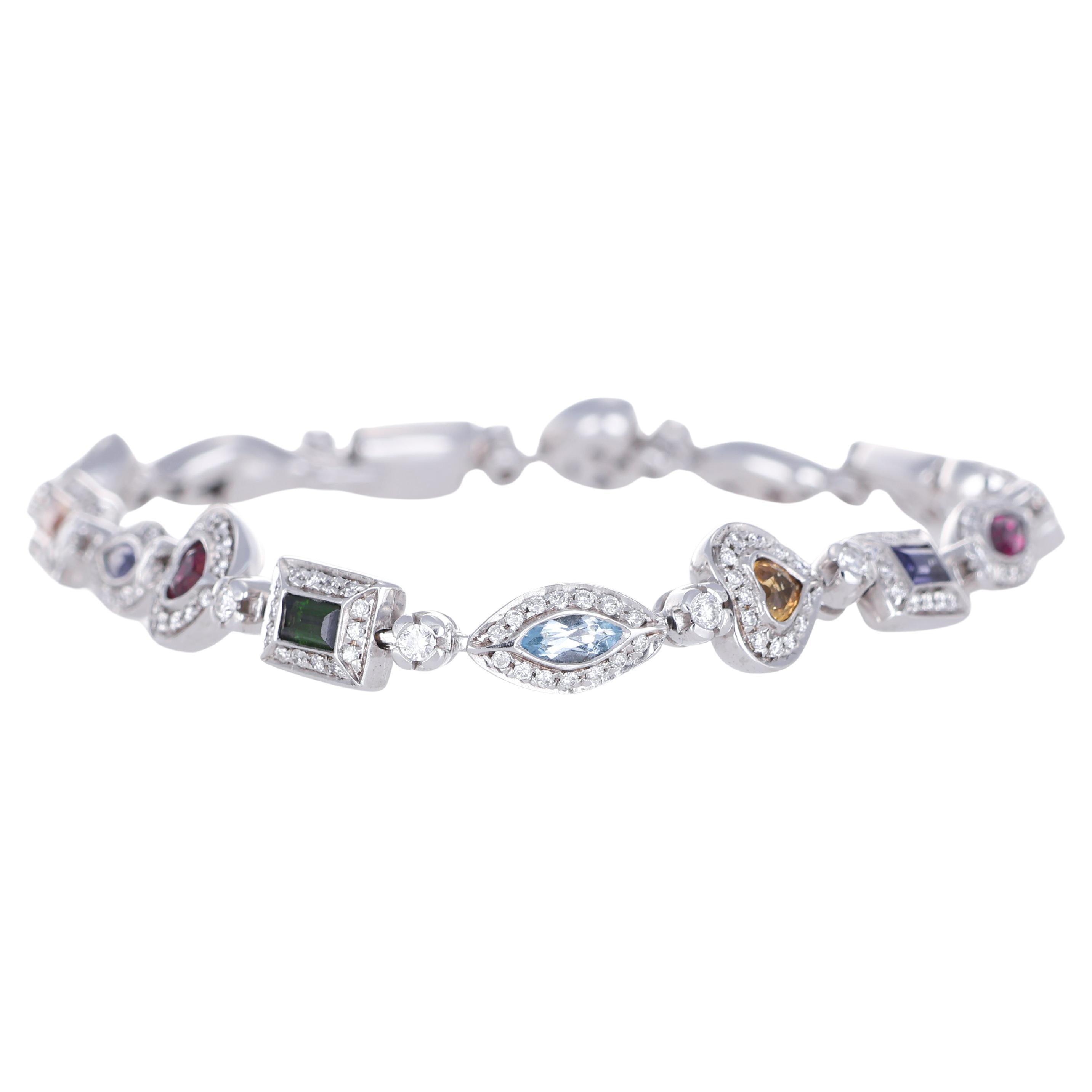 18K White Gold Bracelet with Hardstones, Diamonds, and Tsavorites