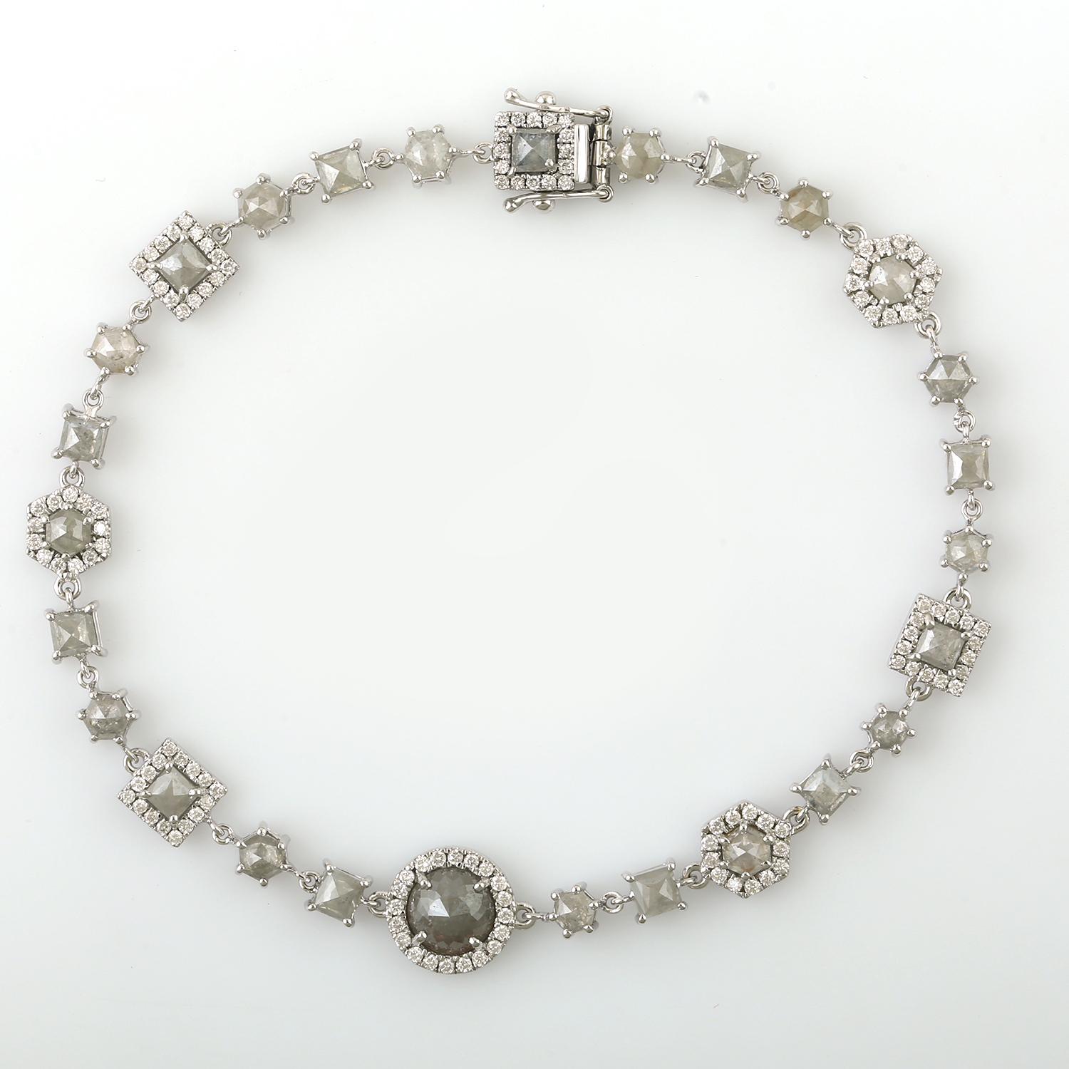 Mixed Cut 18K White Gold Bracelet with Ice Diamonds & Pave Diamonds For Sale