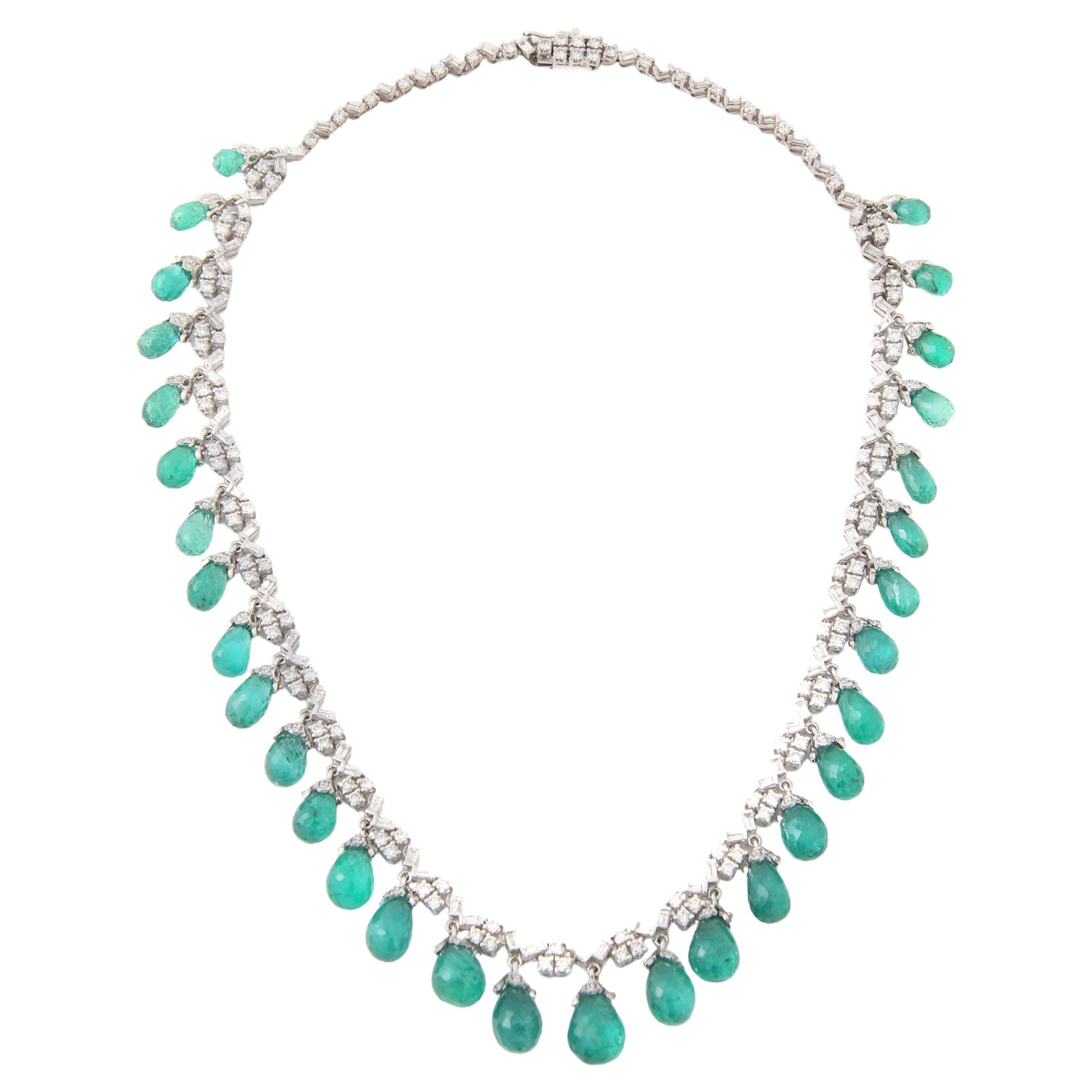 18k White Gold Briolette Emerald & Diamond Necklace For Sale