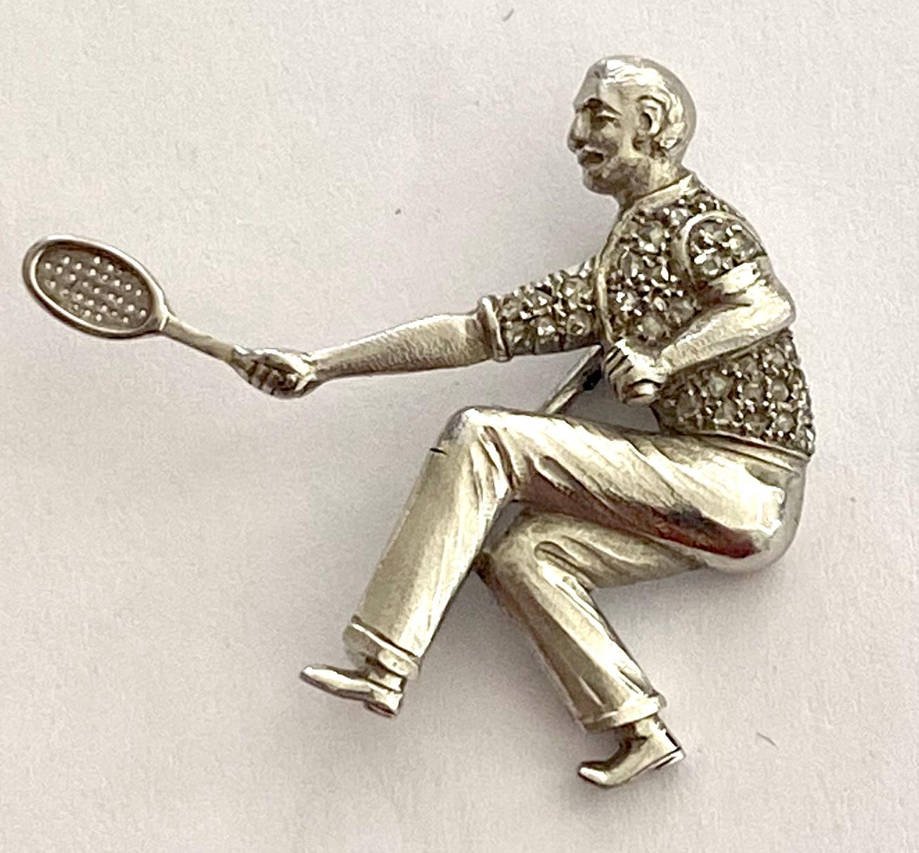 One (1) 18K. White Gold Brooch,  set with 30 rose cut diamonds = 0.20ct  SI-P1 / G-H
Original from ca 1938  = Fred Perry was the big star in Tennis.  (very Populair at that time)
Stamped 750/- and V = Import Sign Netherland between 1906 and