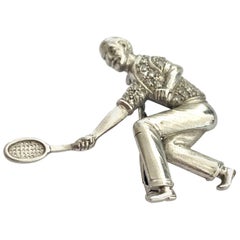 18K. White Gold Brooch, Tennis, "Fred Perry" England 1938, 30 Rose Cut Diamonds