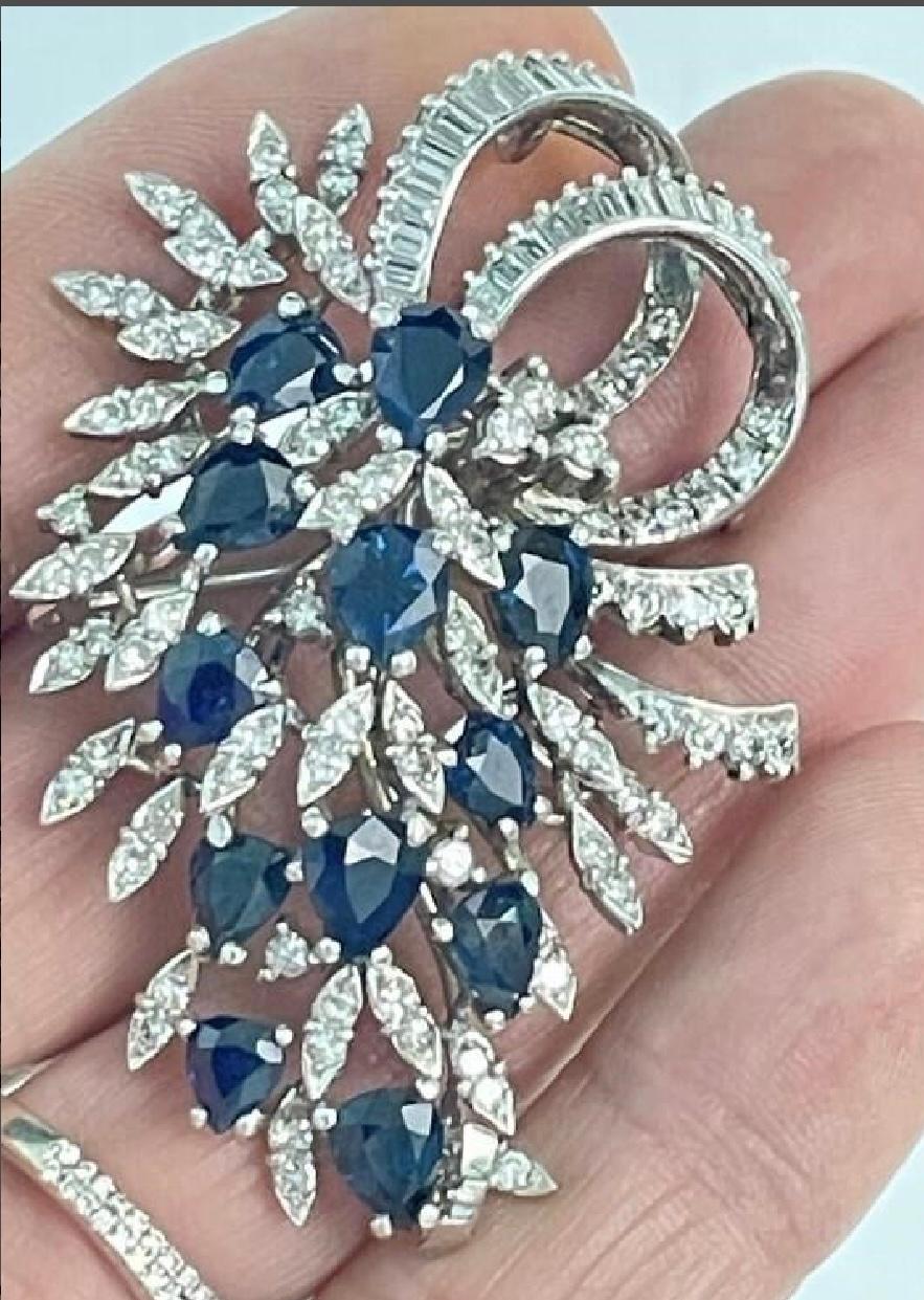 Art Deco 18K White Gold Brooch With Sapphires And Diamonds