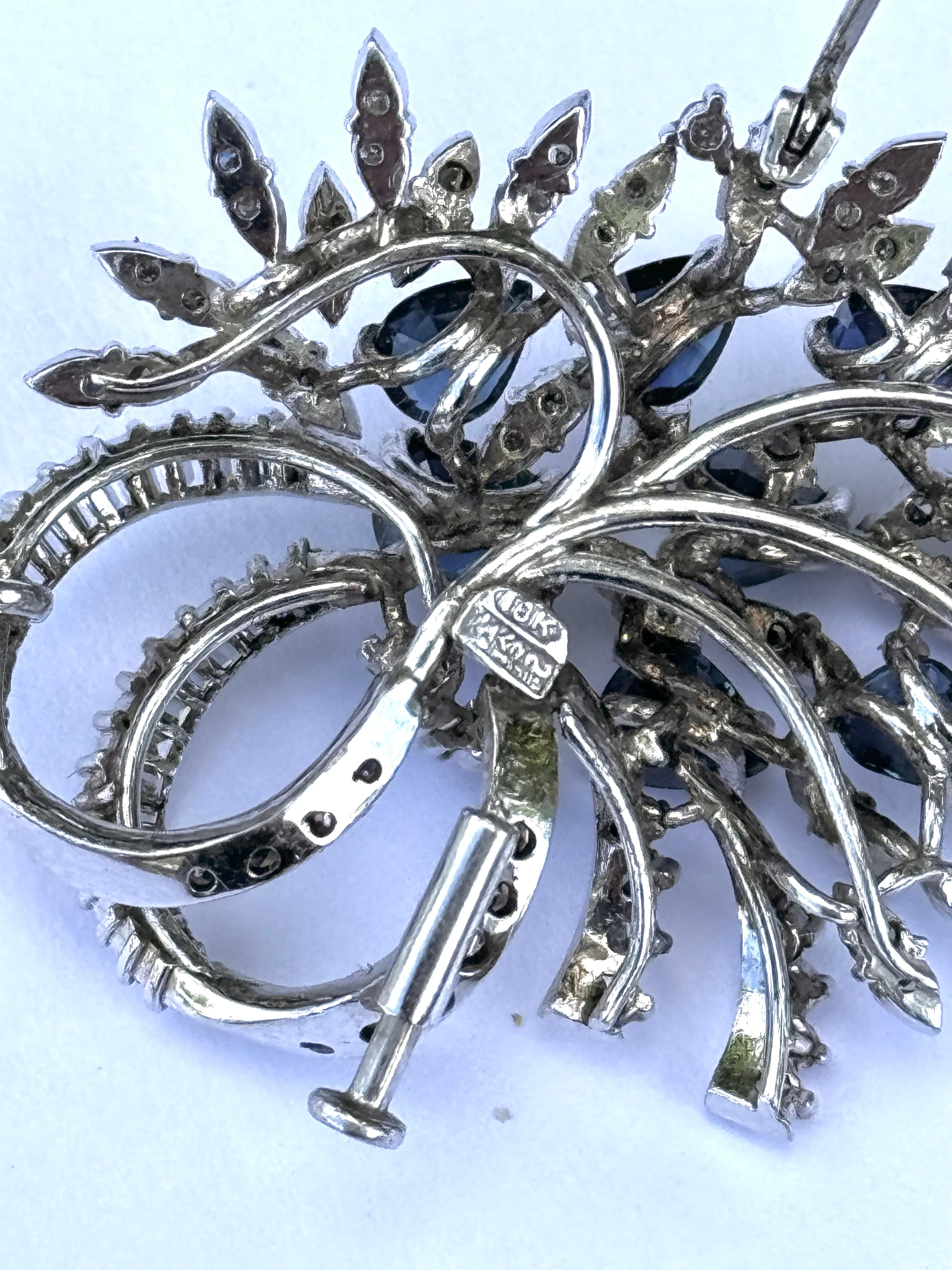 Marquise Cut 18K White Gold Brooch With Sapphires And Diamonds