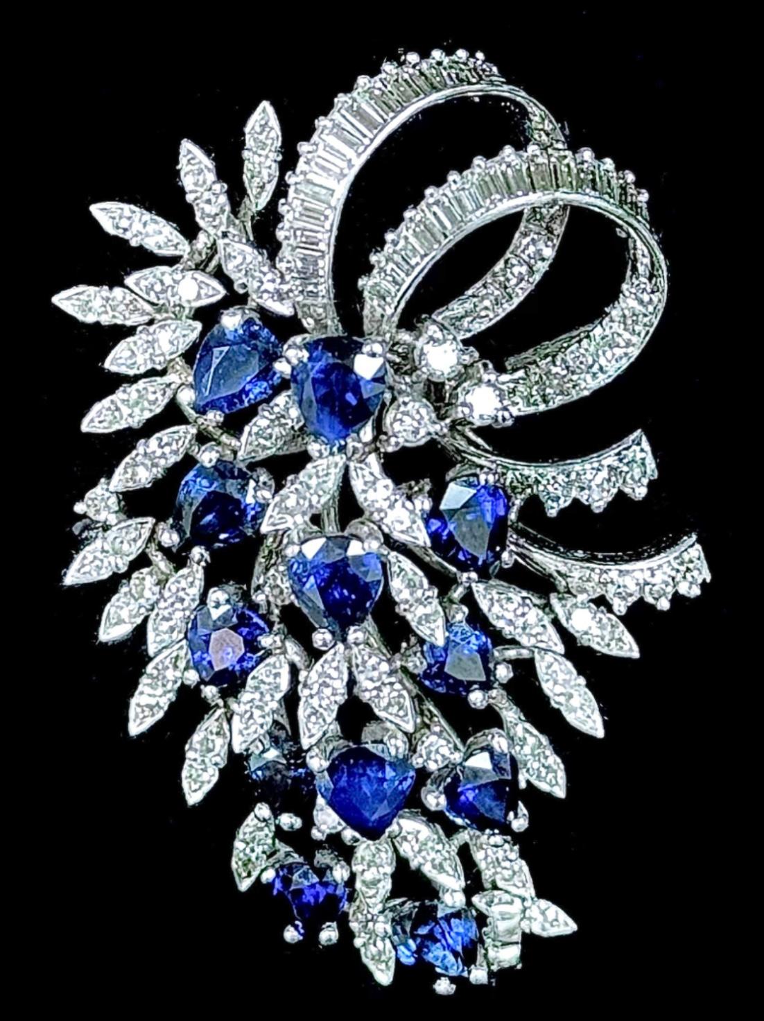 Women's or Men's 18K White Gold Brooch With Sapphires And Diamonds
