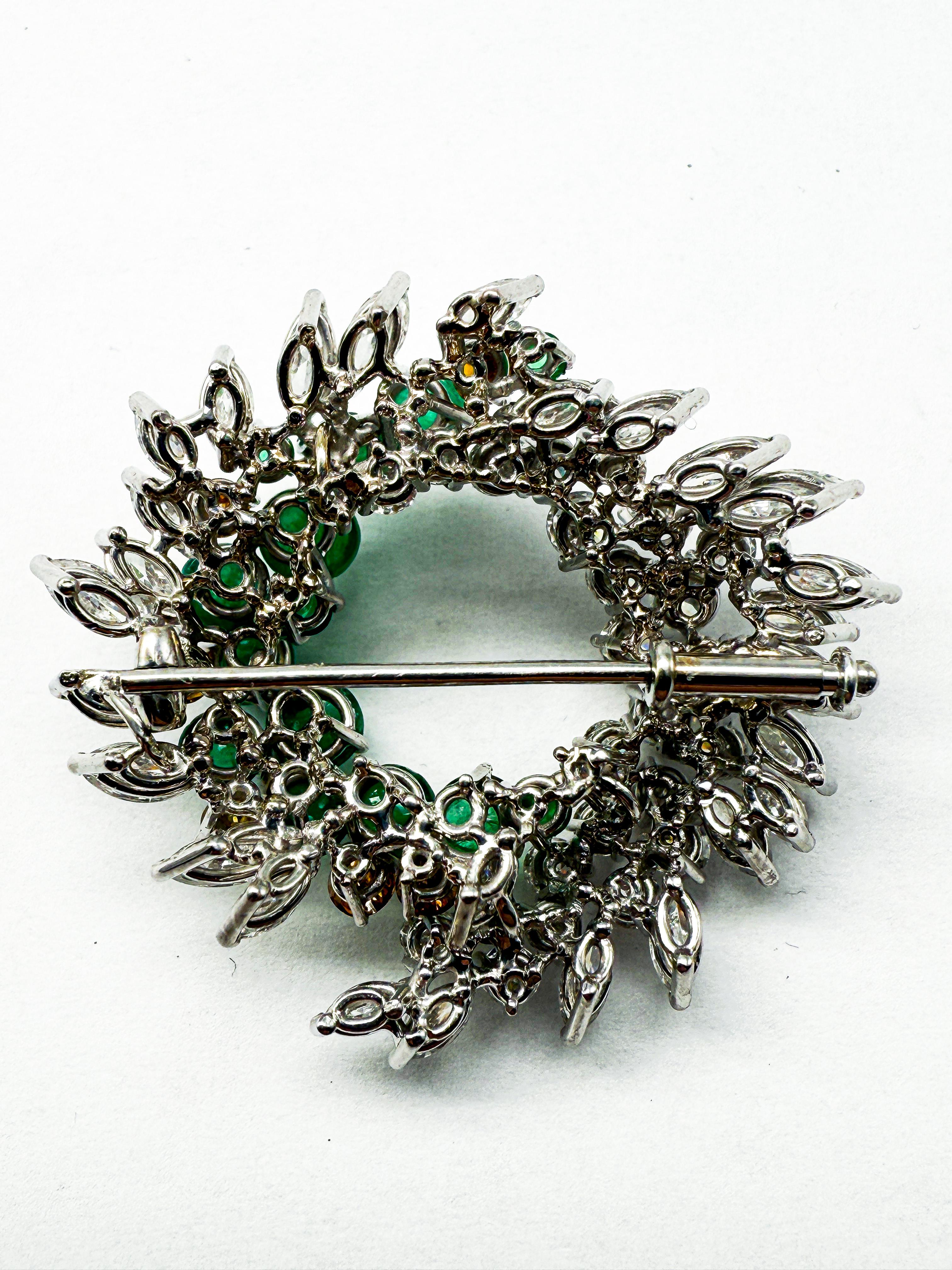 Modern 18K White Gold Brooch with Yellow & White Diamonds and Emeralds For Sale