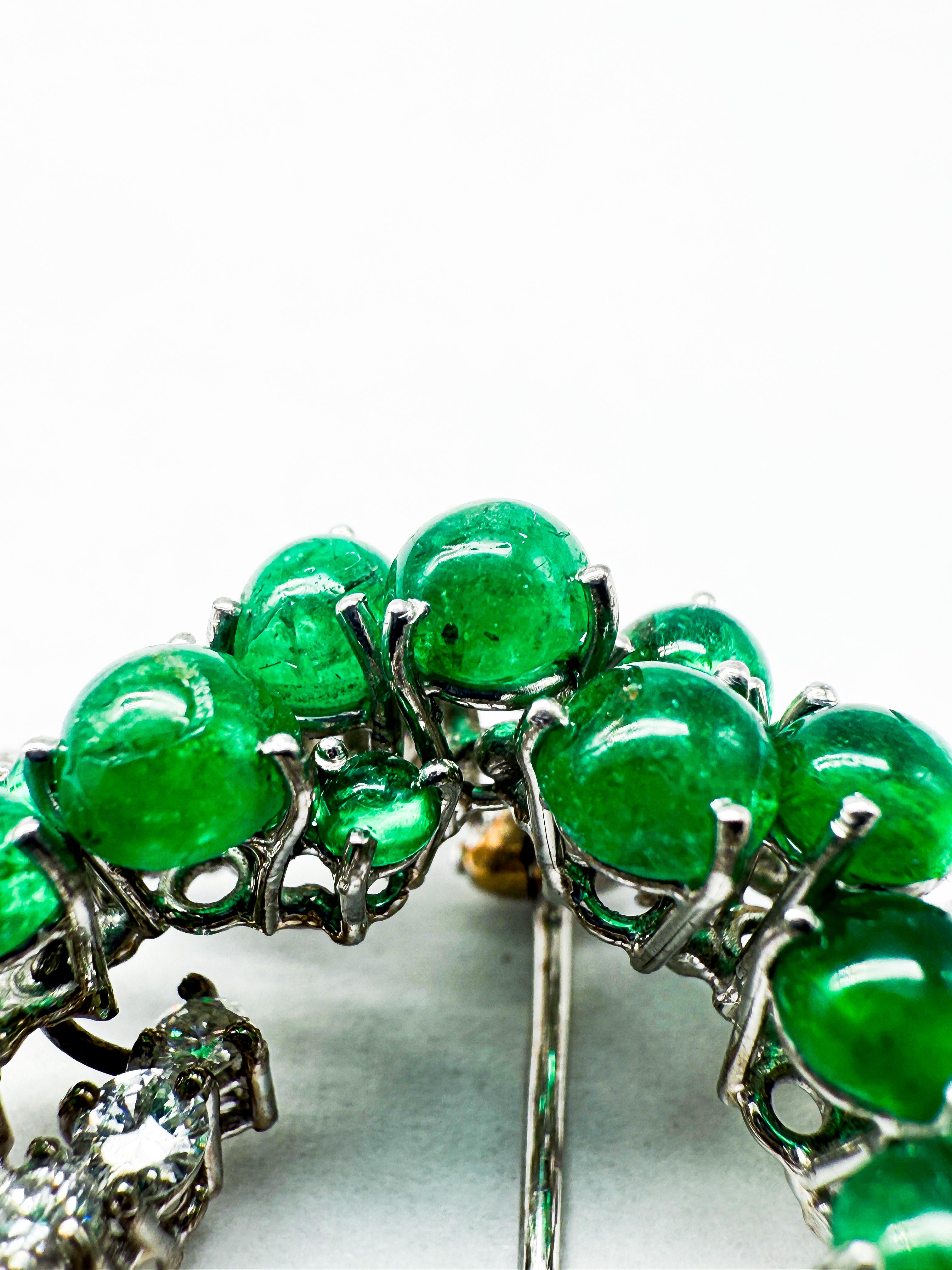 Brilliant Cut 18K White Gold Brooch with Yellow & White Diamonds and Emeralds For Sale