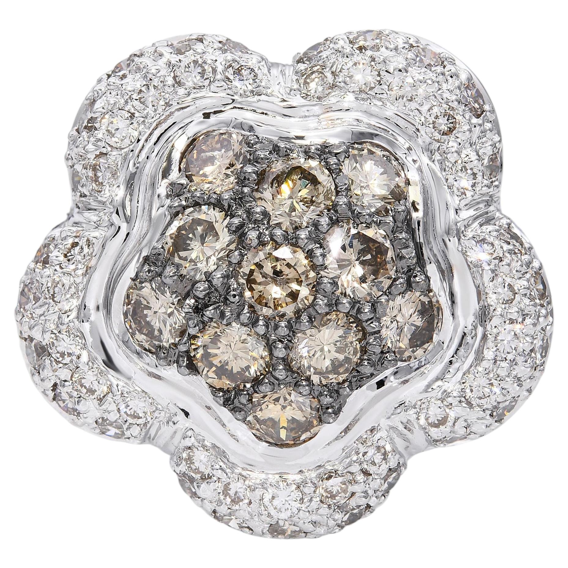 18k White Gold Brown And White Diamond Floral Ring For Sale
