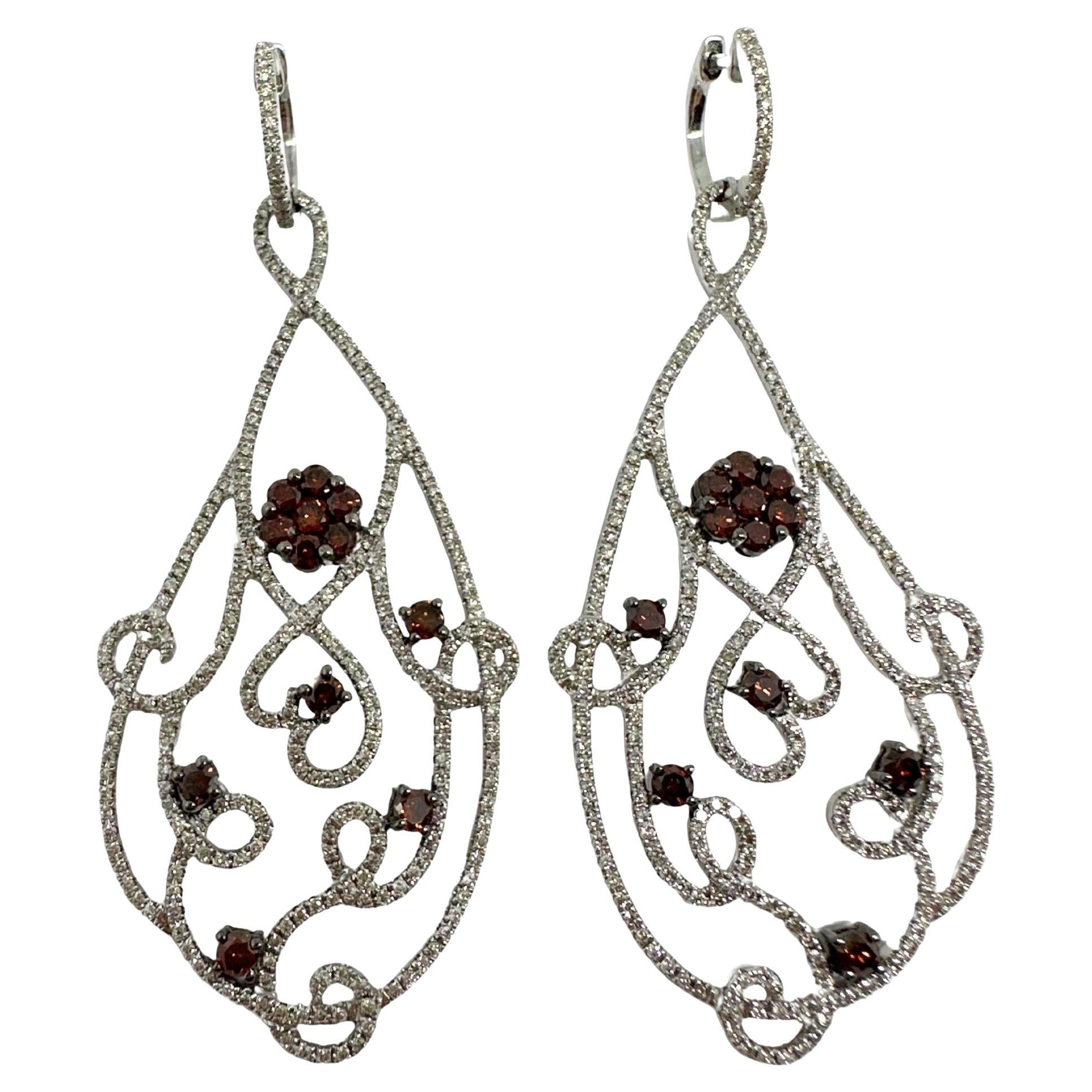 18K White Gold Brown and White Diamond Flower Drop Earrings