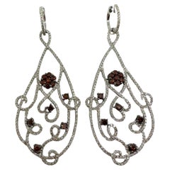 18K White Gold Brown and White Diamond Flower Drop Earrings