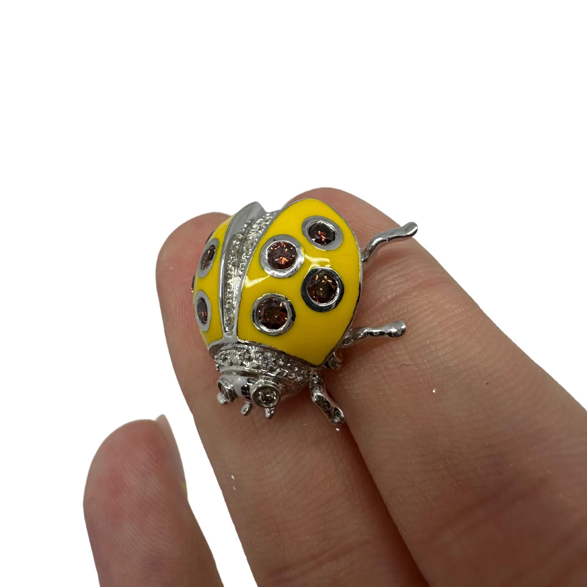 18K White Gold Brown and White Diamond Yellow Lady Bug Brooch For Sale 5