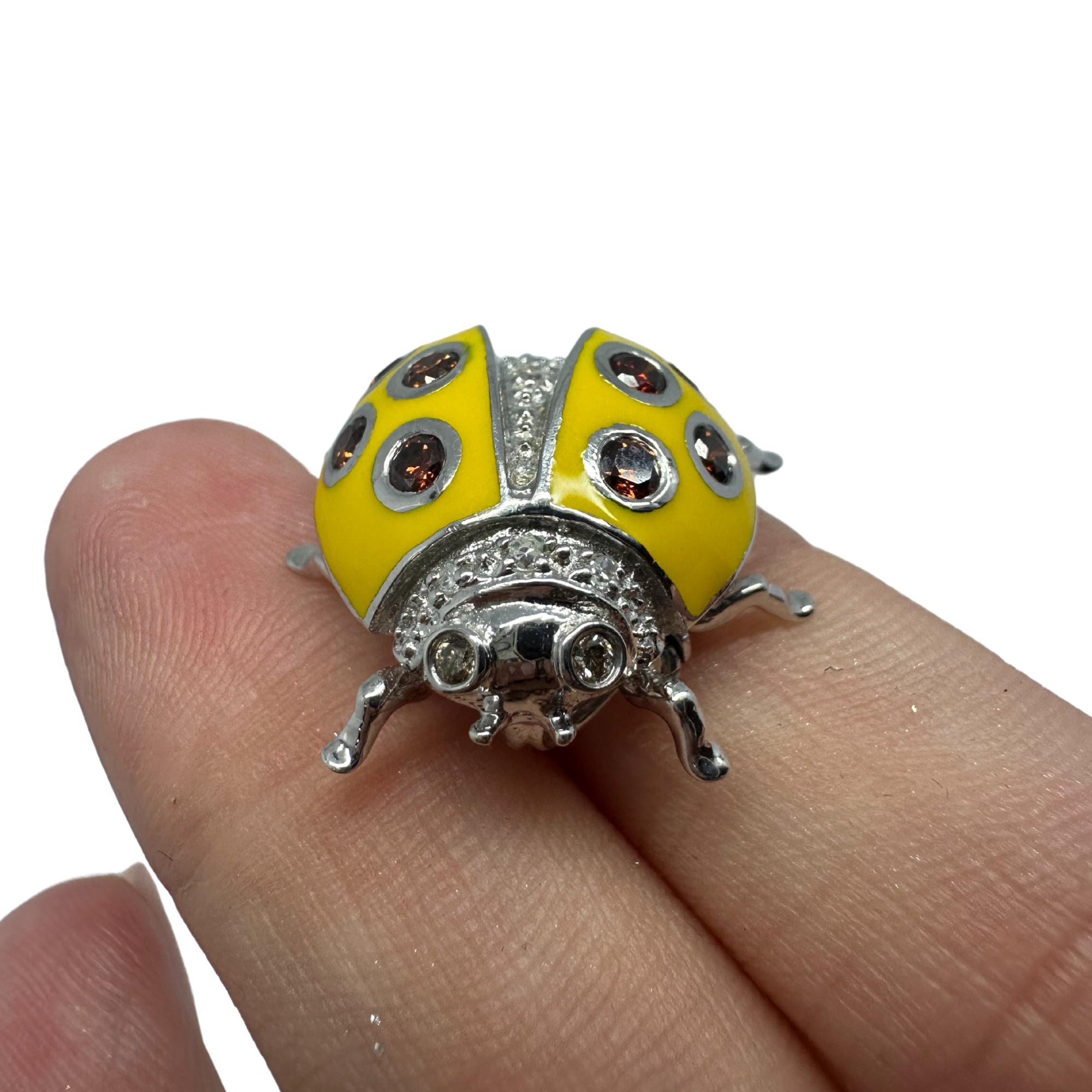 18K White Gold Brown and White Diamond Yellow Lady Bug Brooch For Sale 6