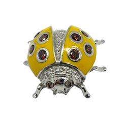 18K White Gold Brown and White Diamond Yellow Lady Bug Brooch