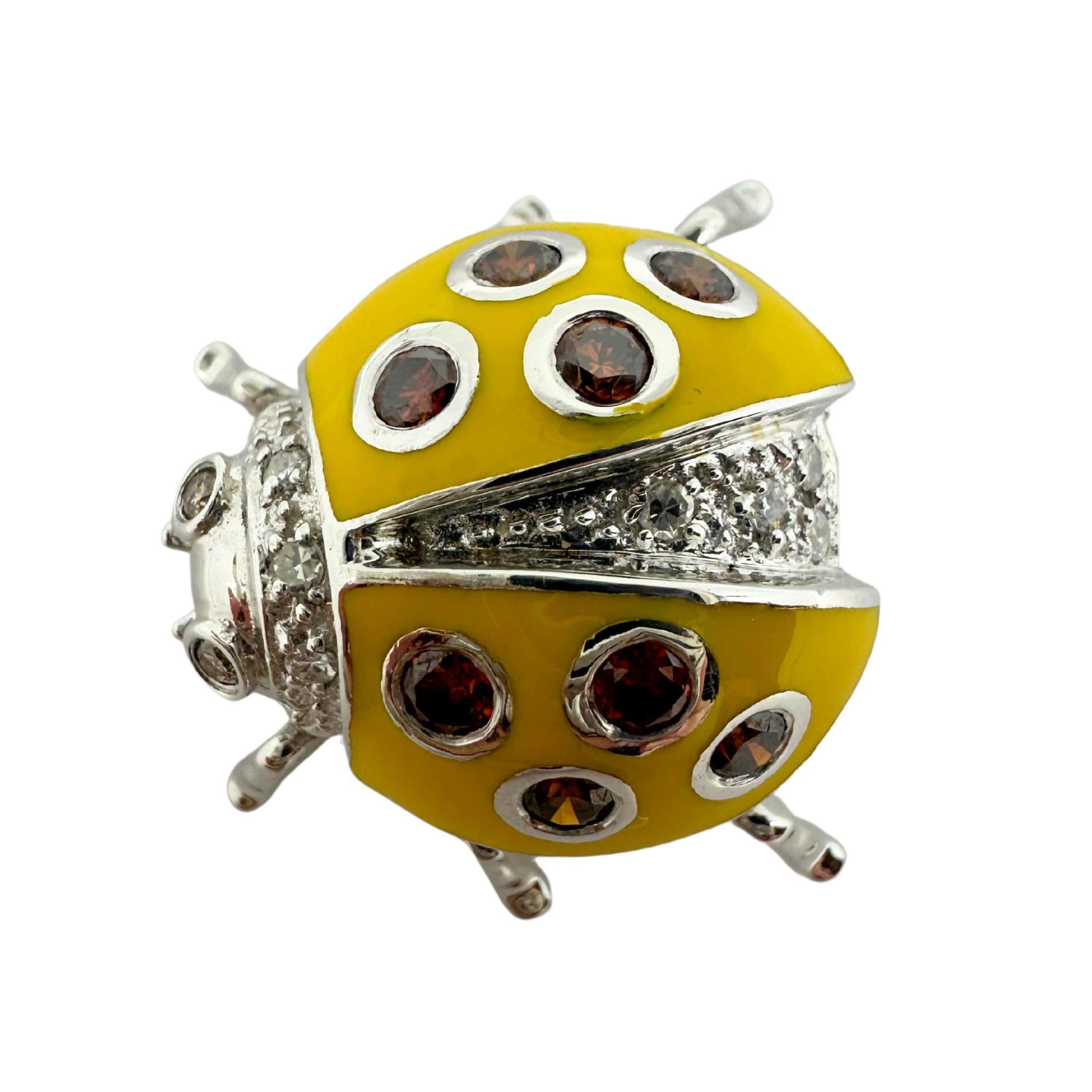 Round Cut 18K White Gold Brown and White Diamond Yellow Lady Bug Brooch For Sale