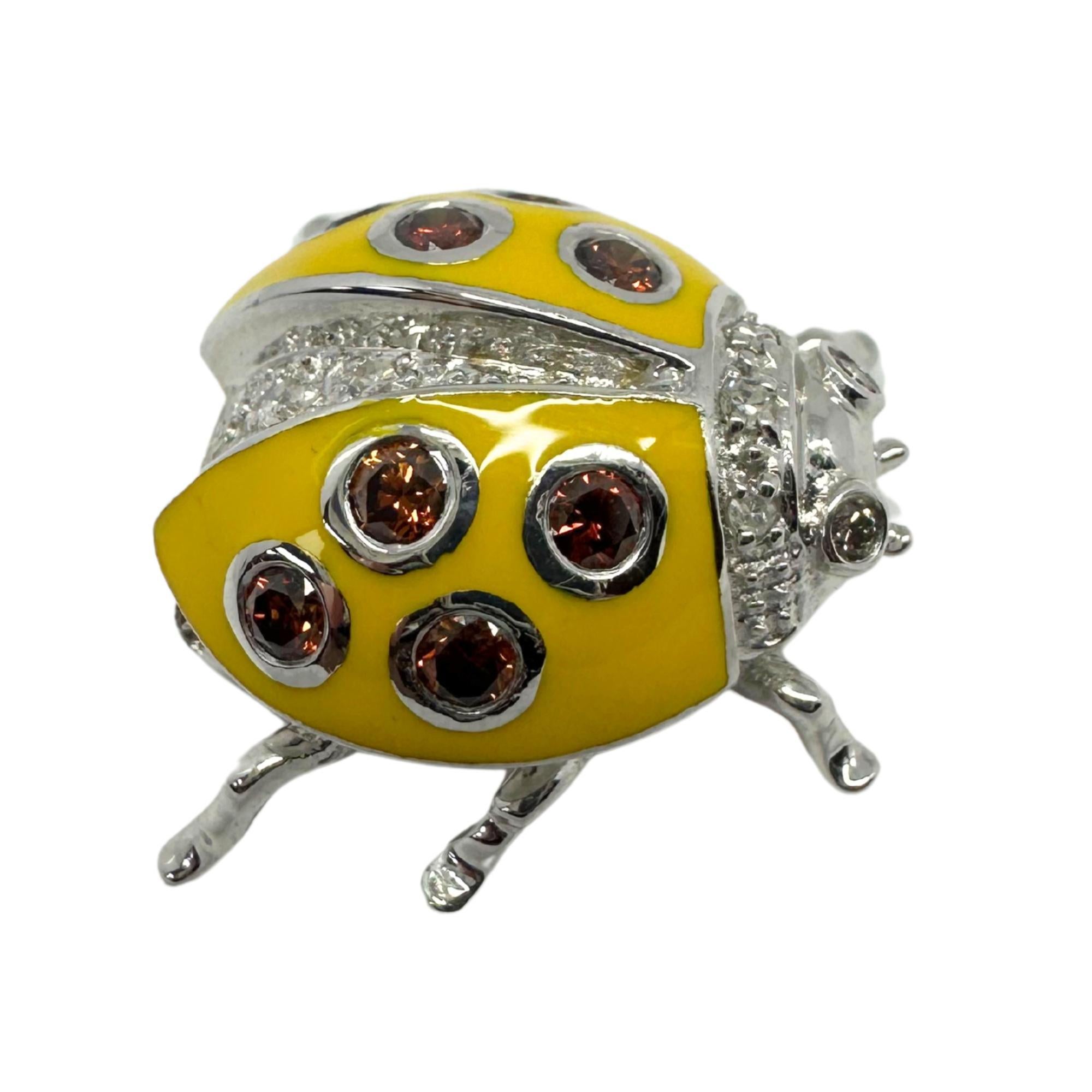 18K White Gold Brown and White Diamond Yellow Lady Bug Brooch In Good Condition For Sale In New York, NY