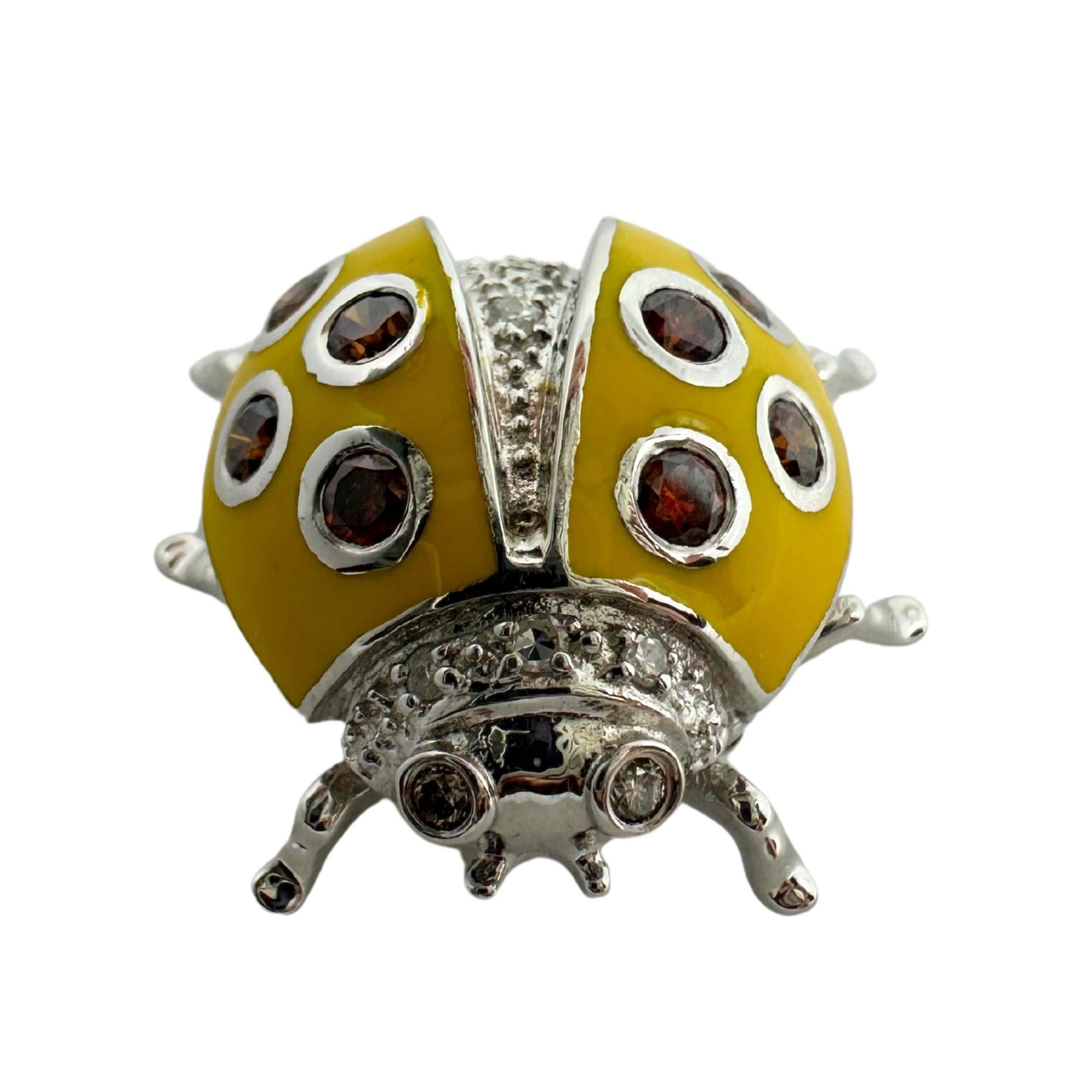 Women's 18K White Gold Brown and White Diamond Yellow Lady Bug Brooch For Sale