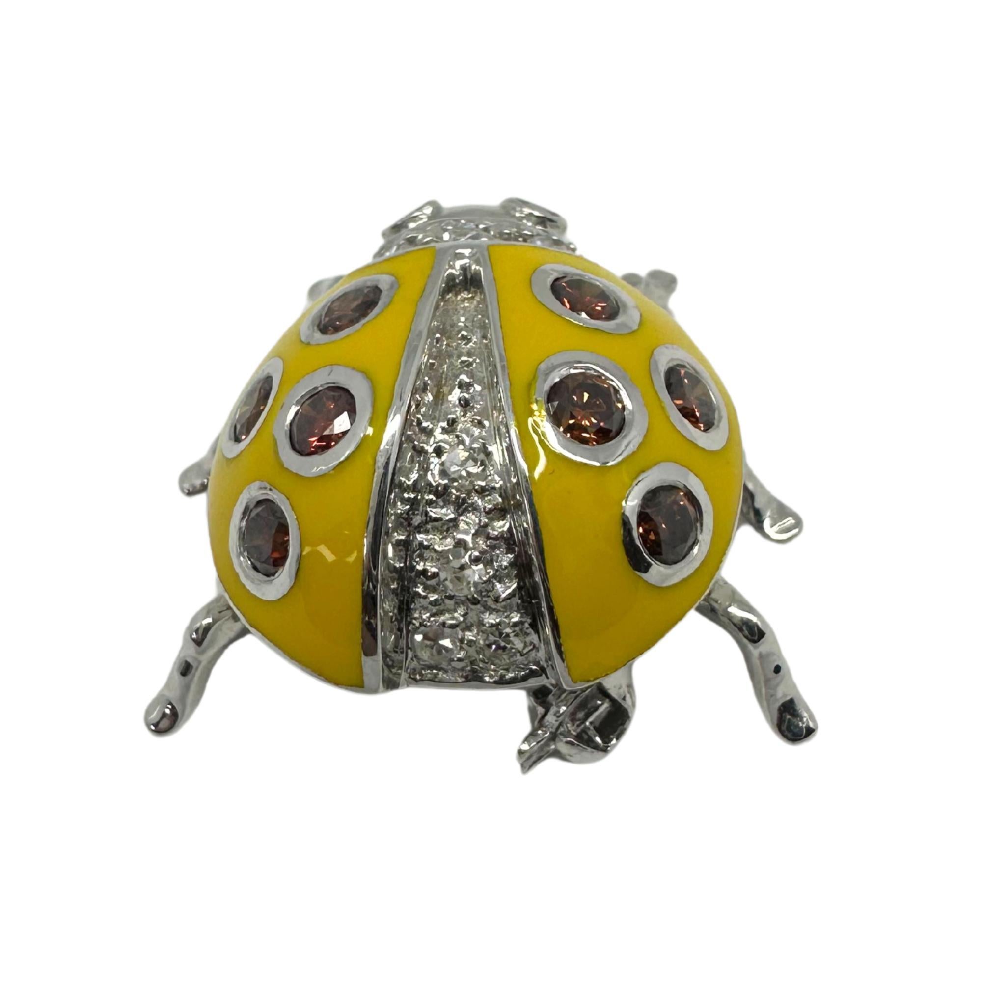 18K White Gold Brown and White Diamond Yellow Lady Bug Brooch For Sale 2