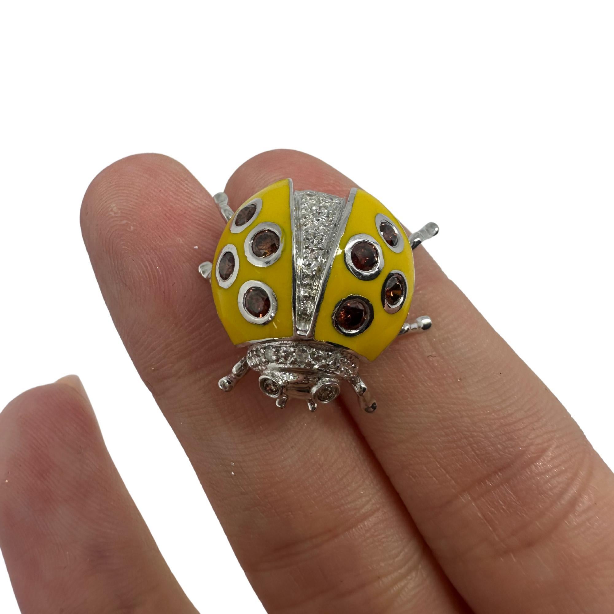 18K White Gold Brown and White Diamond Yellow Lady Bug Brooch For Sale 3