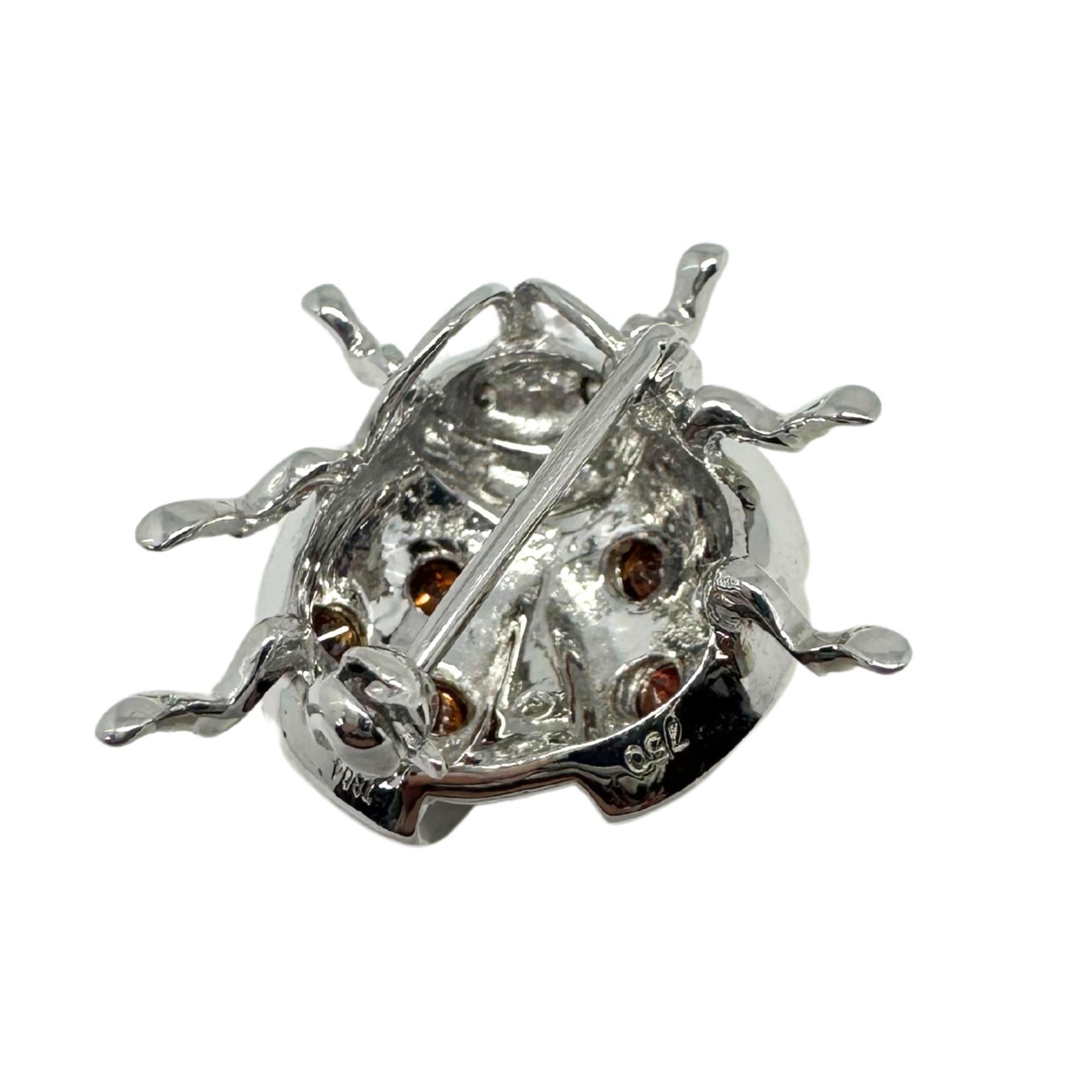 18K White Gold Brown and White Diamond Yellow Lady Bug Brooch For Sale 4