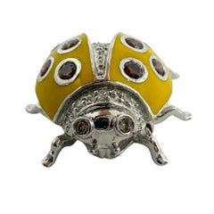 18K White Gold Brown and White Diamond Yellow Lady Bug Brooch