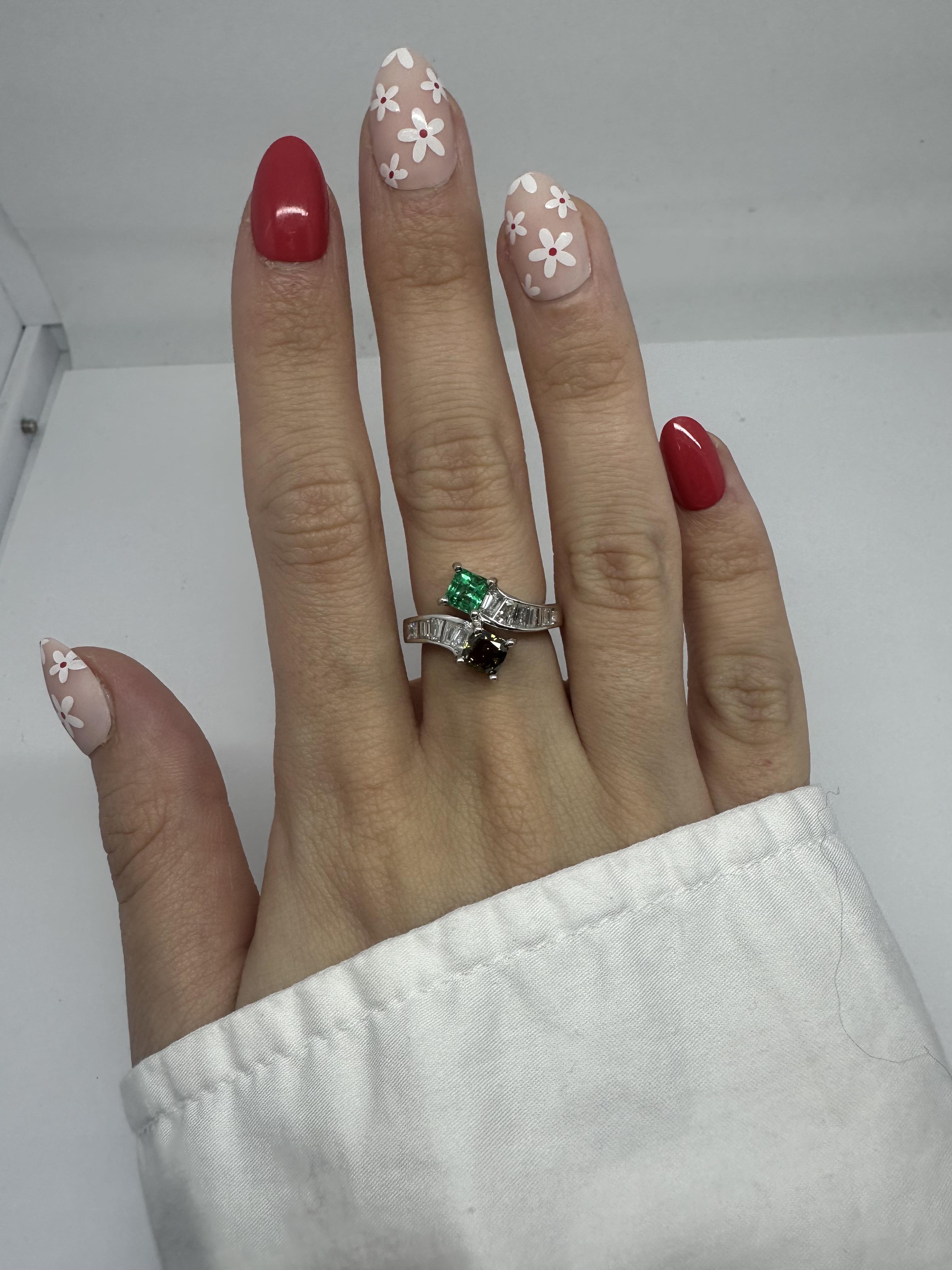 Women's 18K White Gold Brown Diamond, Baguette-Cut White Diamond, and Emerald Toi et Moi For Sale