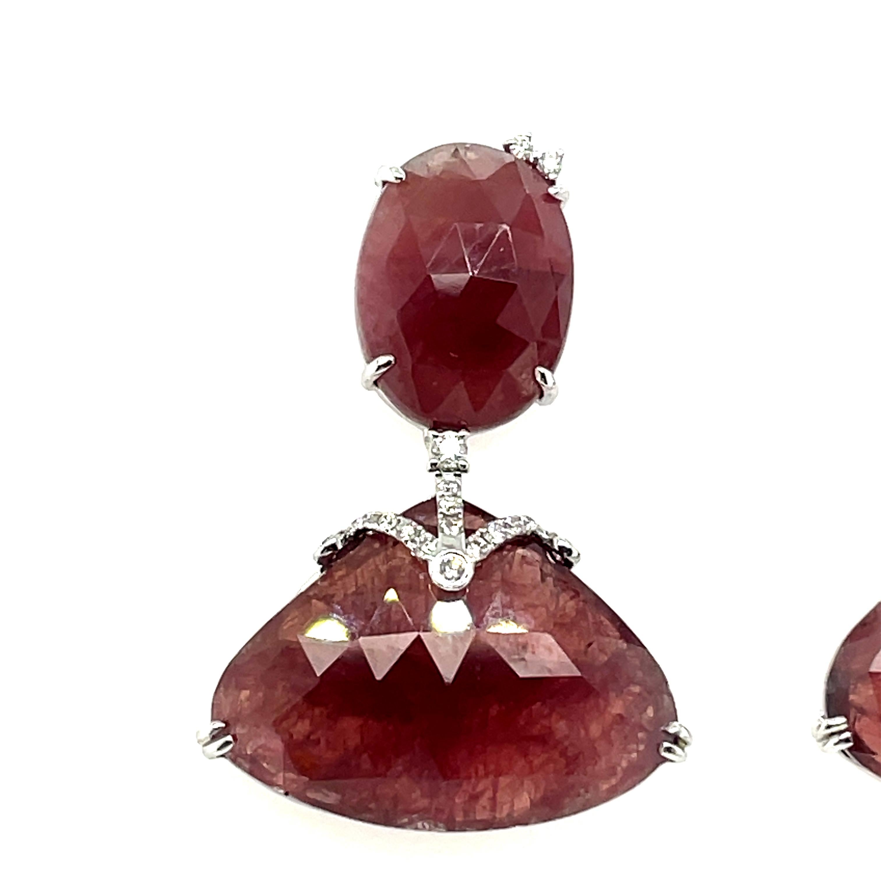Contemporary 18k White Gold Brownish-Red Rose-Cut Sapphires Cts 35.15 and Round Diamond Earri For Sale