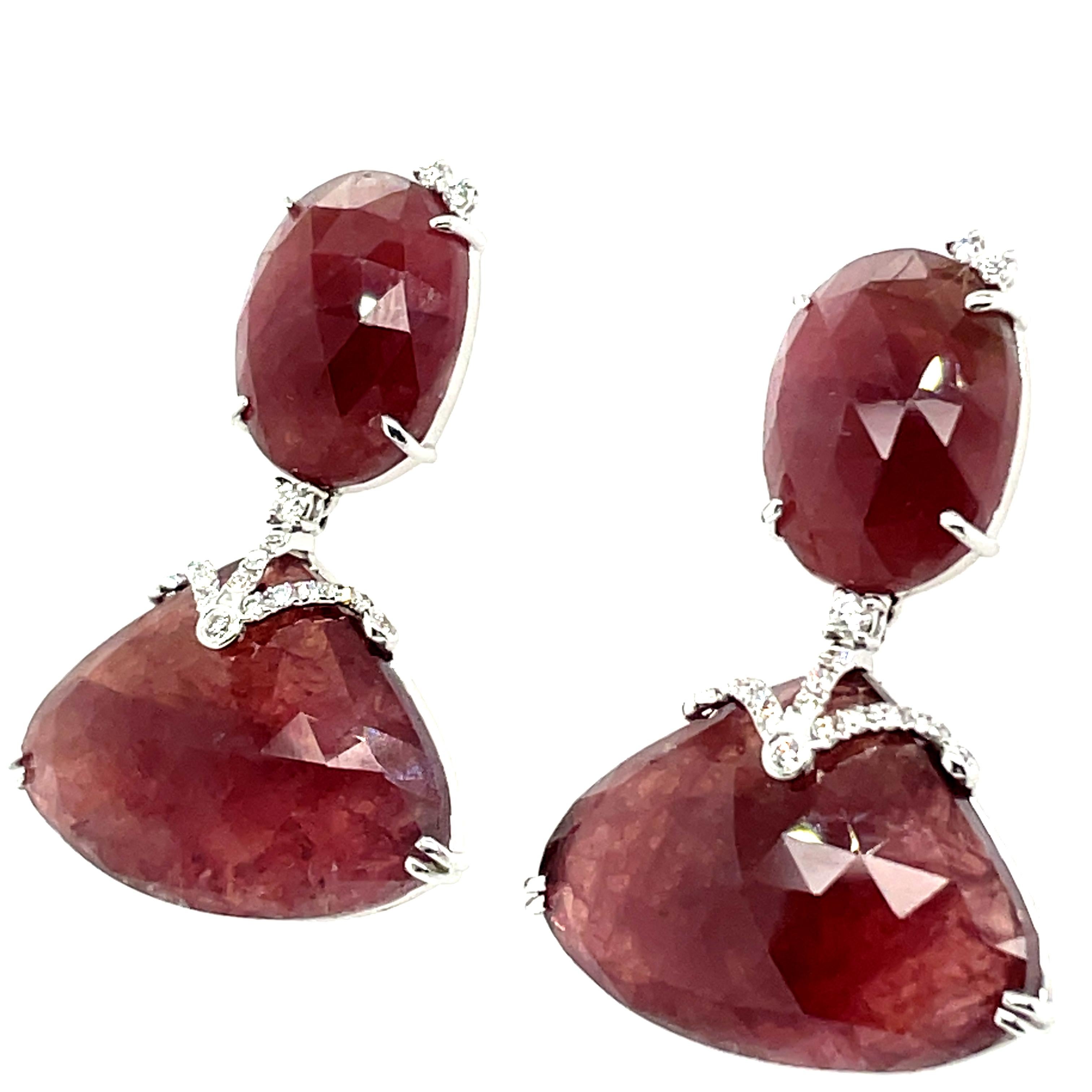 Rose Cut 18k White Gold Brownish-Red Rose-Cut Sapphires Cts 35.15 and Round Diamond Earri For Sale