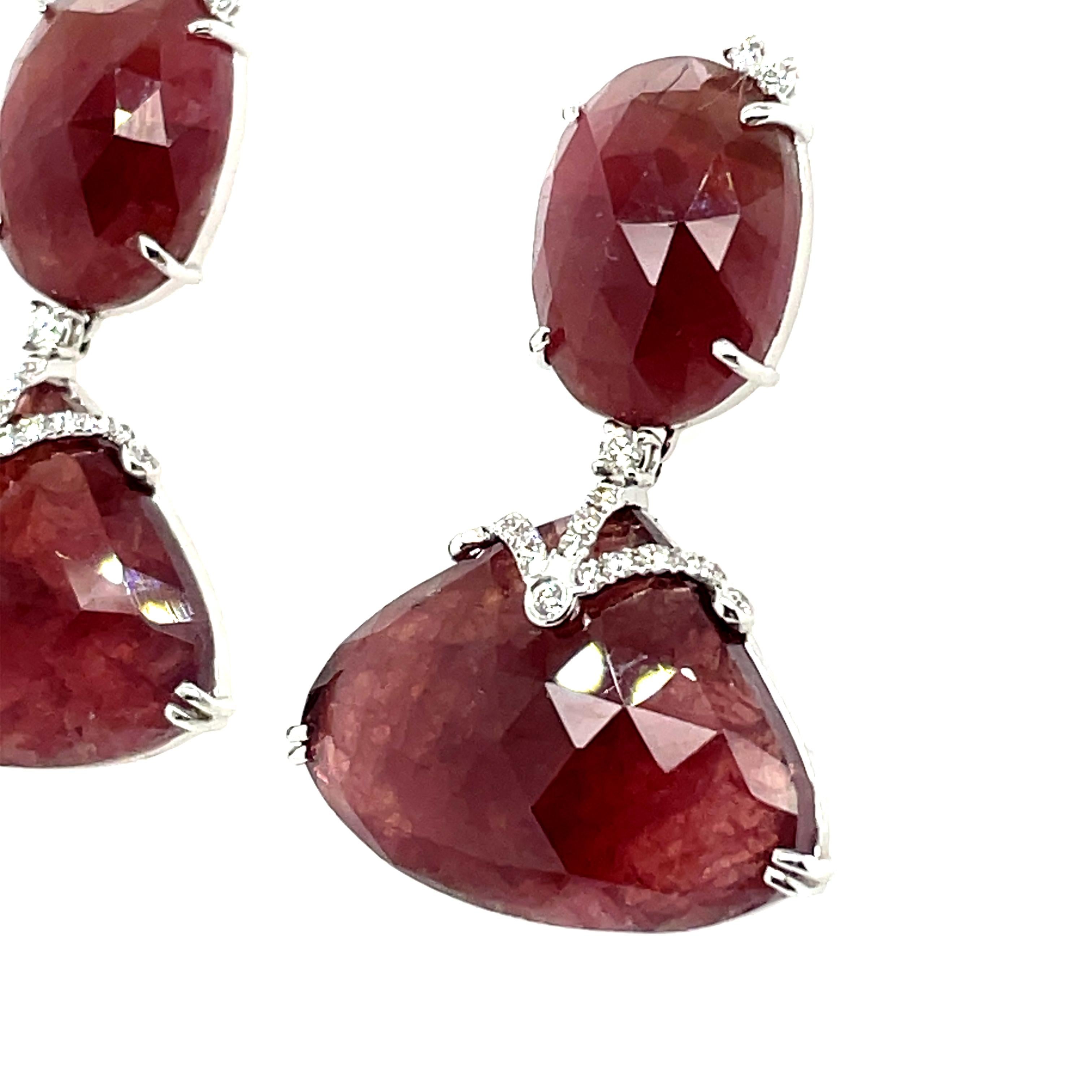 18k White Gold Brownish-Red Rose-Cut Sapphires Cts 35.15 and Round Diamond Earri In New Condition For Sale In Hong Kong, HK