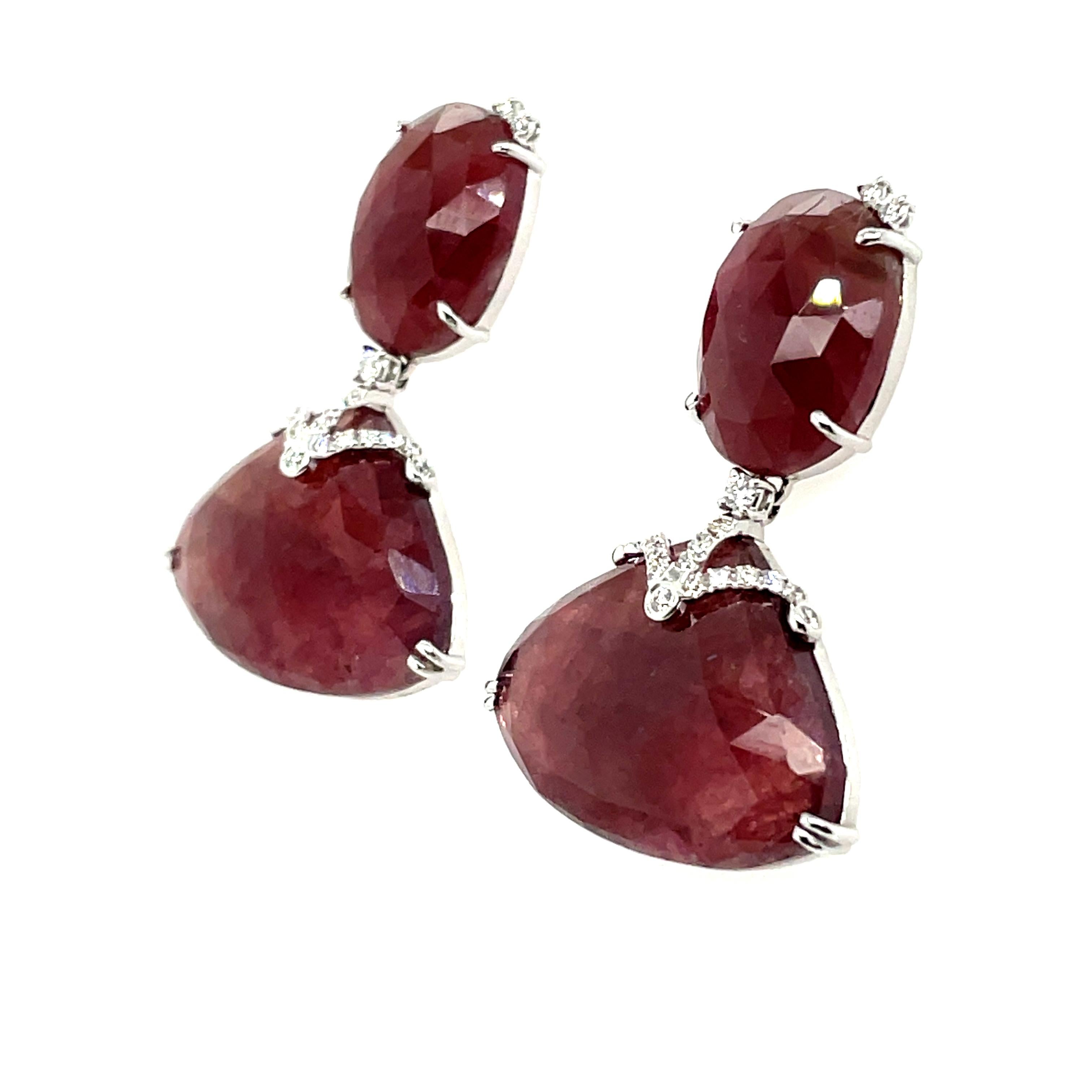 Men's 18k White Gold Brownish-Red Rose-Cut Sapphires Cts 35.15 and Round Diamond Earri For Sale