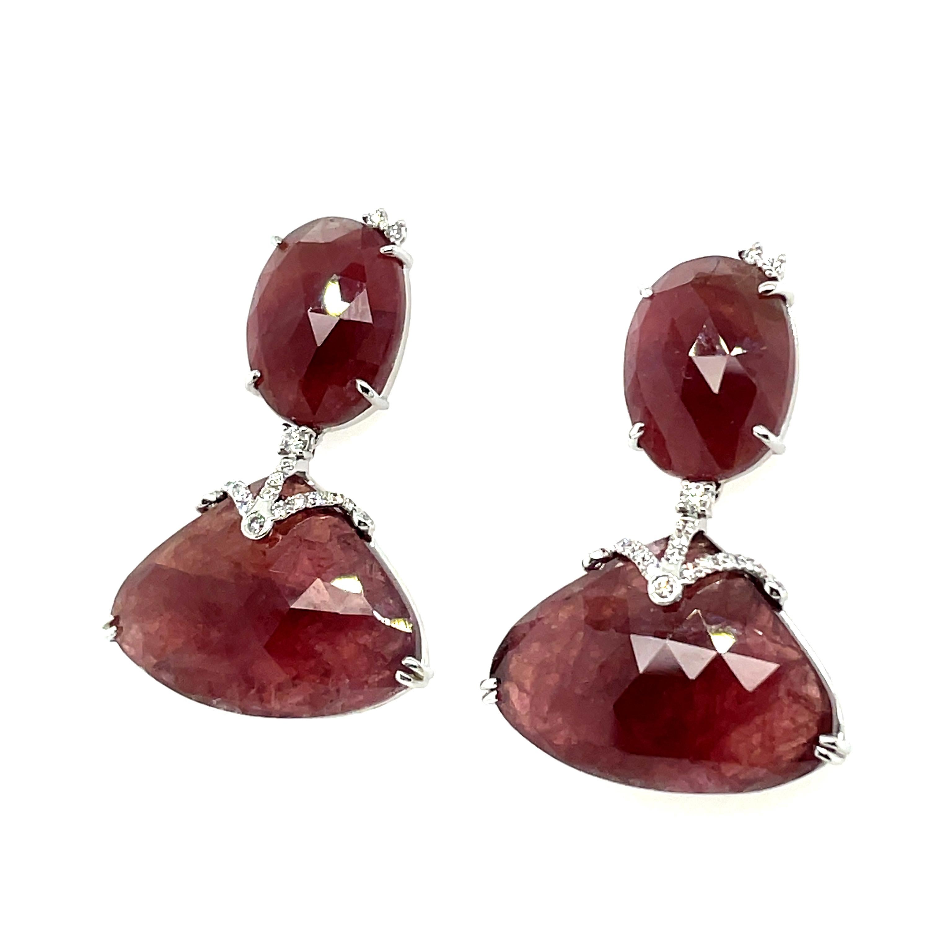 18k White Gold Brownish-Red Rose-Cut Sapphires Cts 35.15 and Round Diamond Earri For Sale 1