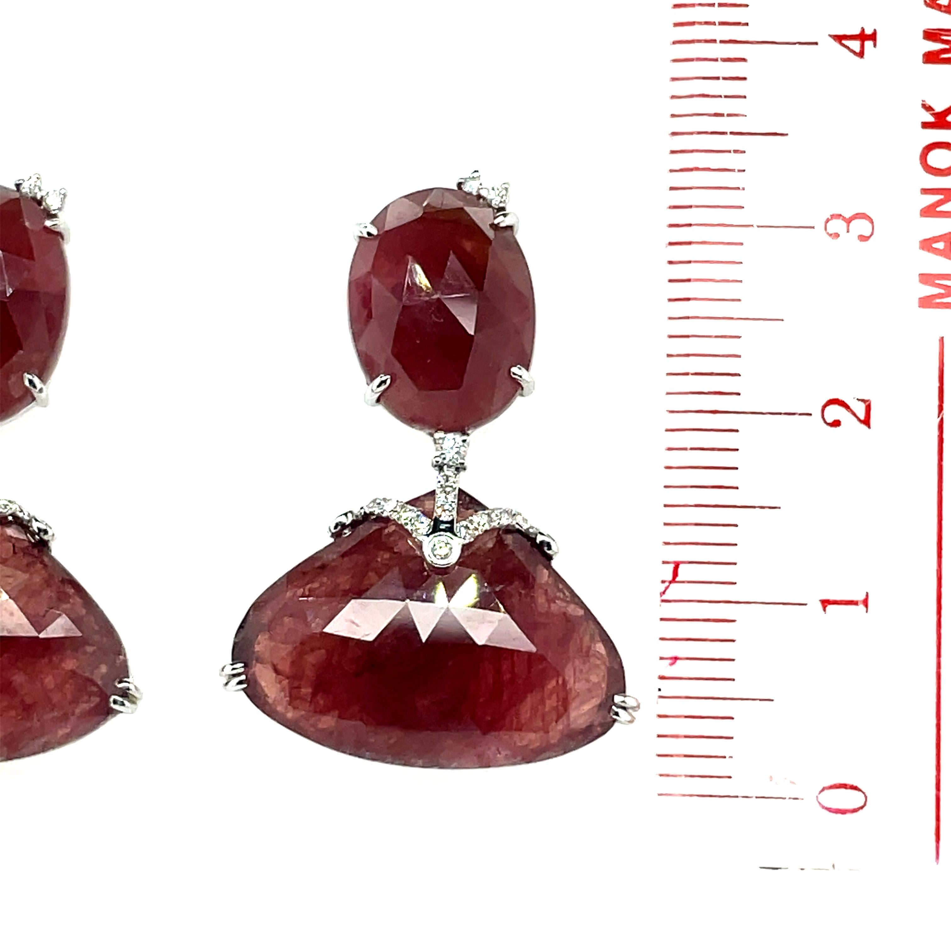 18k White Gold Brownish-Red Rose-Cut Sapphires Cts 35.15 and Round Diamond Earri For Sale 2