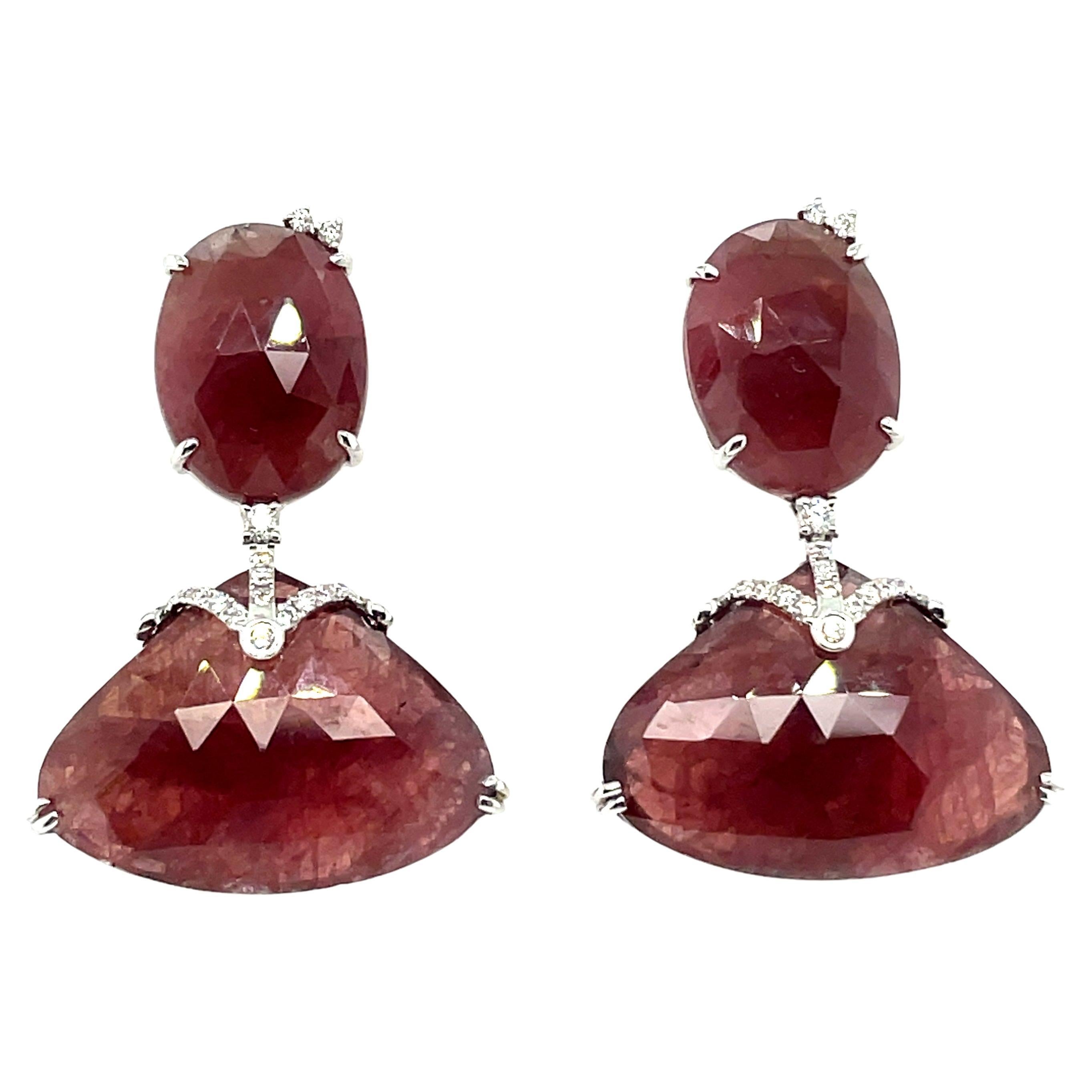 18k White Gold Brownish-Red Rose-Cut Sapphires Cts 35.15 and Round Diamond Earri For Sale