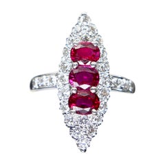 18K White Gold Burma Vivid Red Ruby & Diamond Cocktail Ring, Gem Crystal.