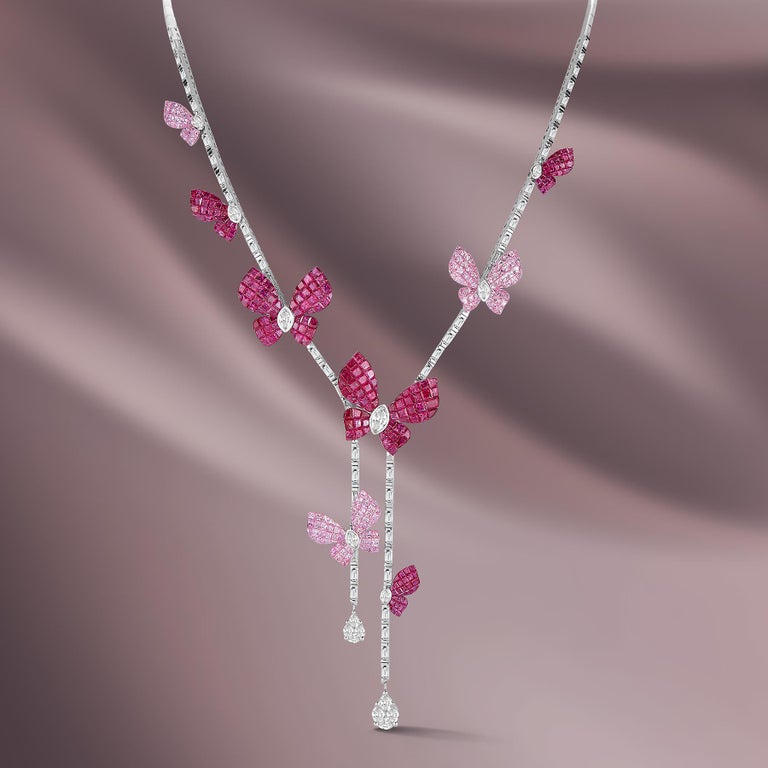 18 Karat White Gold ButterflyEmbellished Diamond, Ruby and Sapphire