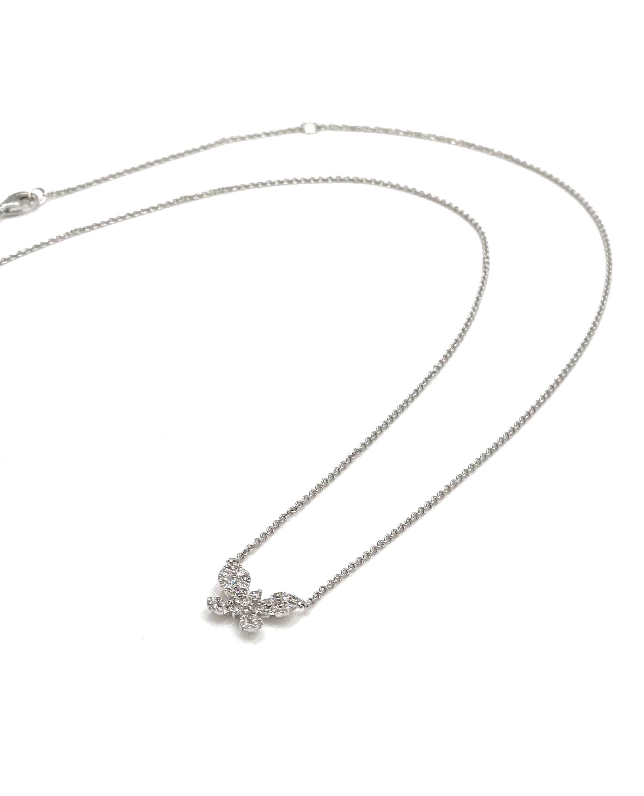 18K white gold butterfly necklace with round brilliant-cut diamonds 0.32 carats total weight.

* Diamonds are G color, VS clarity.
* Can be worn 16 or 18 inches long.