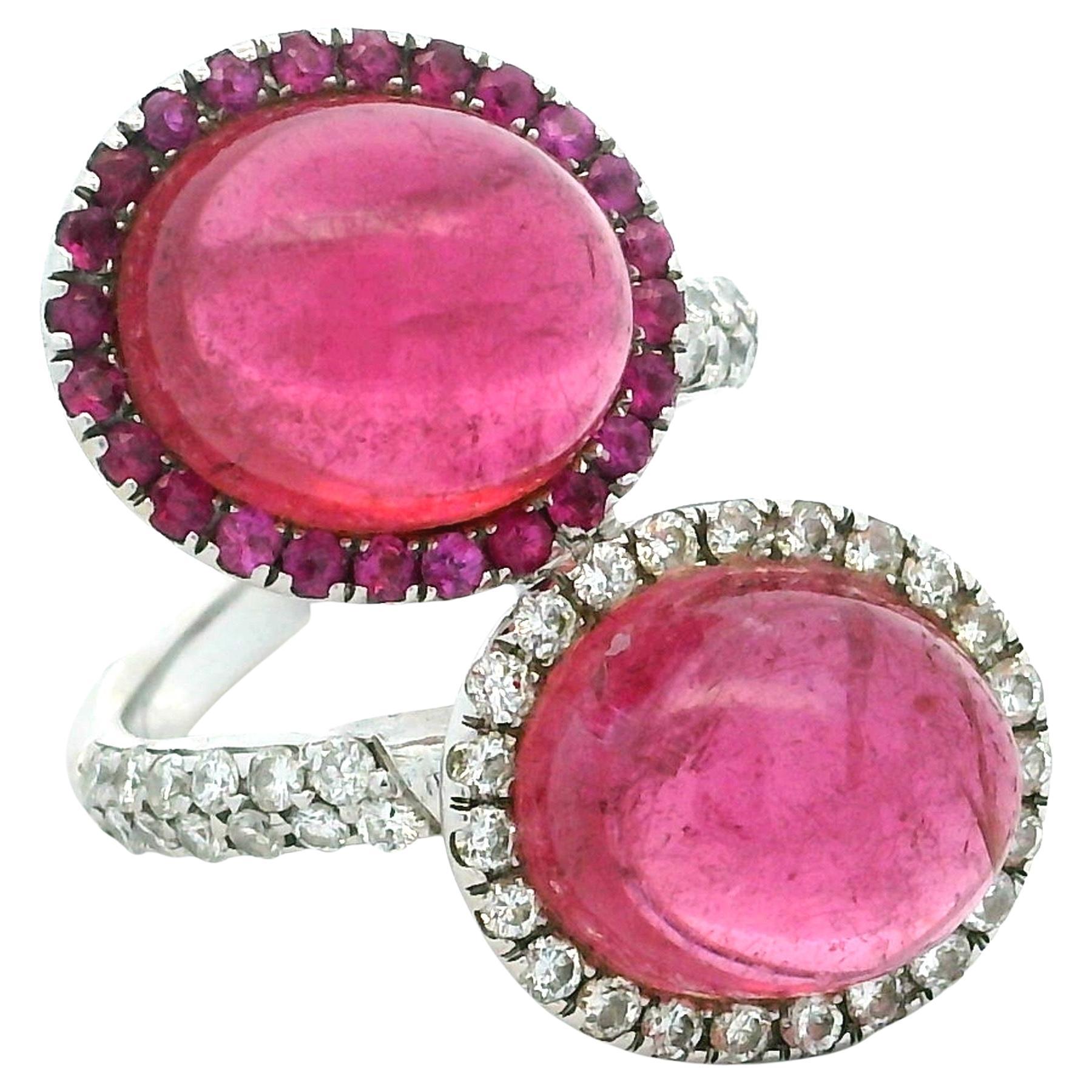 Anello Bypass in oro bianco 18K con 10 carati di tormaline rosa e 1,10 carati di diamanti in vendita