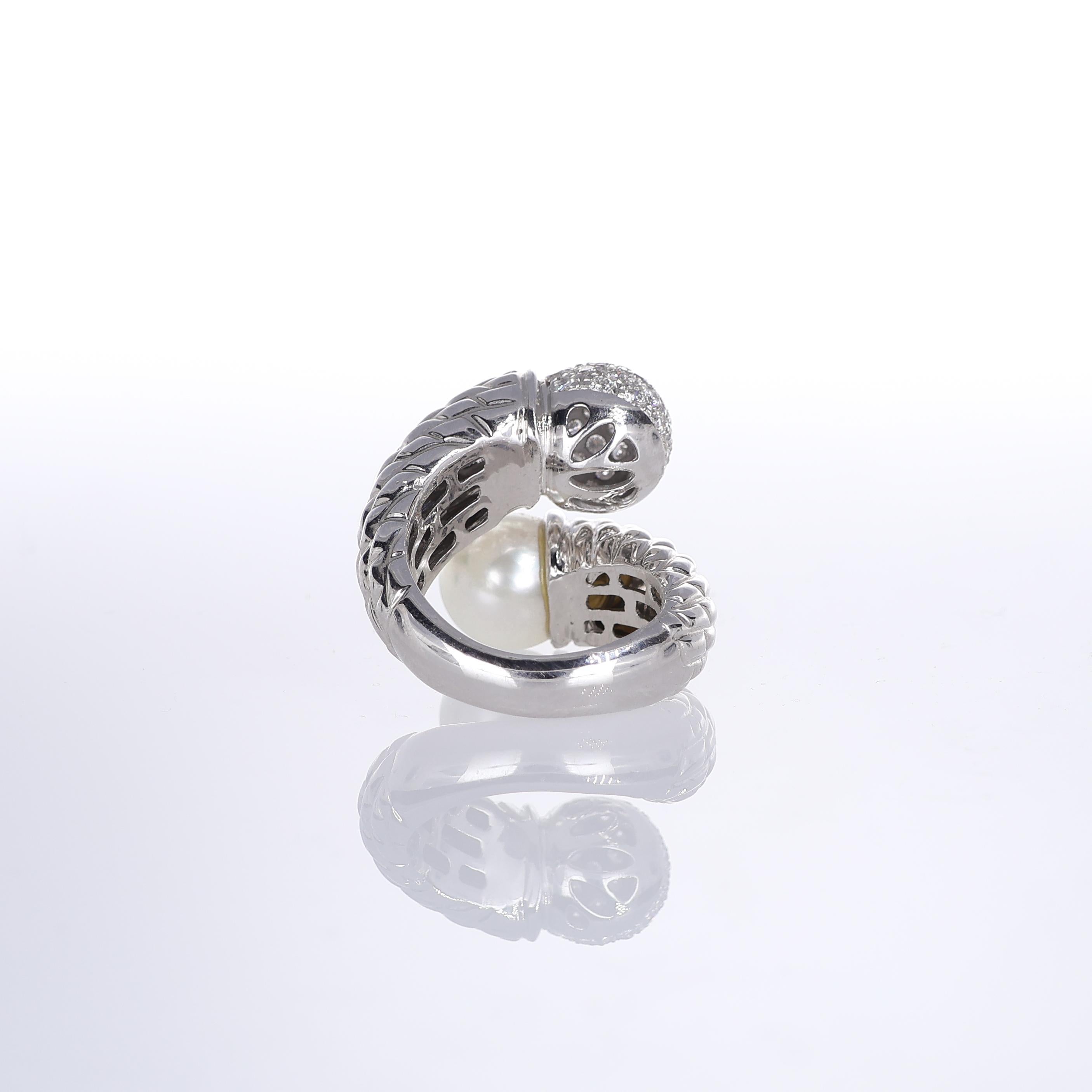 Women's or Men's 18k White Gold Bypass Ring with Pearl and Diamond Sphere For Sale