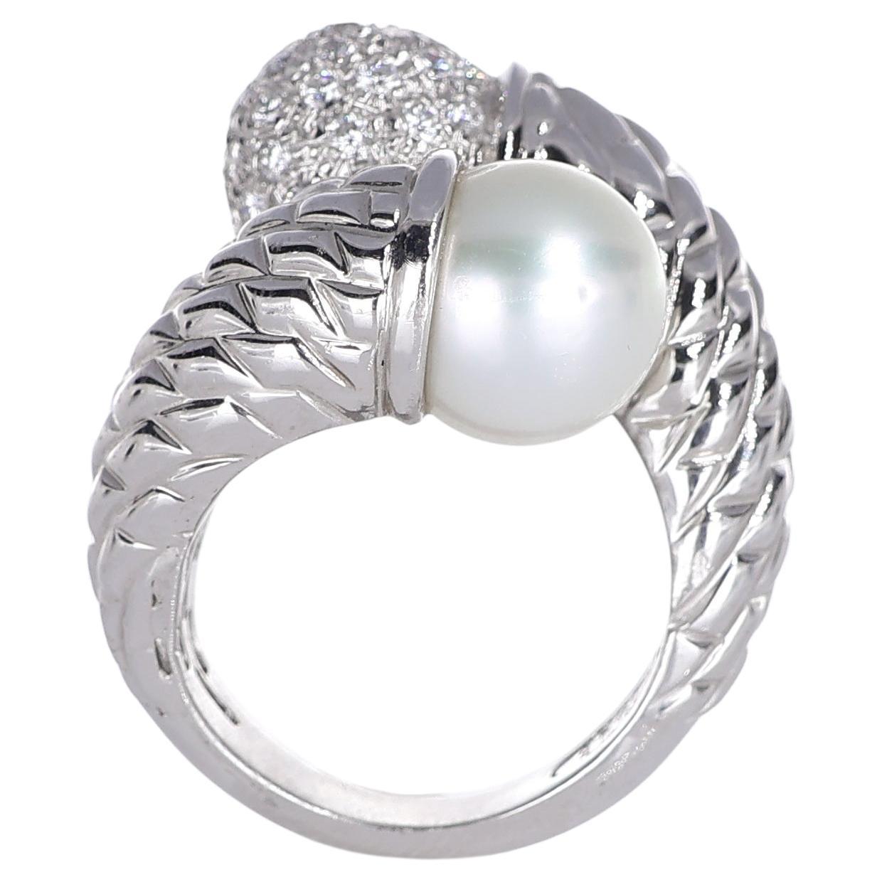 18k White Gold Bypass Ring with Pearl and Diamond Sphere