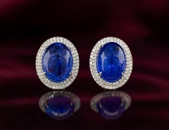 18K White Gold Cabochon 26 carat Tanzanite and Diamond Earrings with Omega Backs