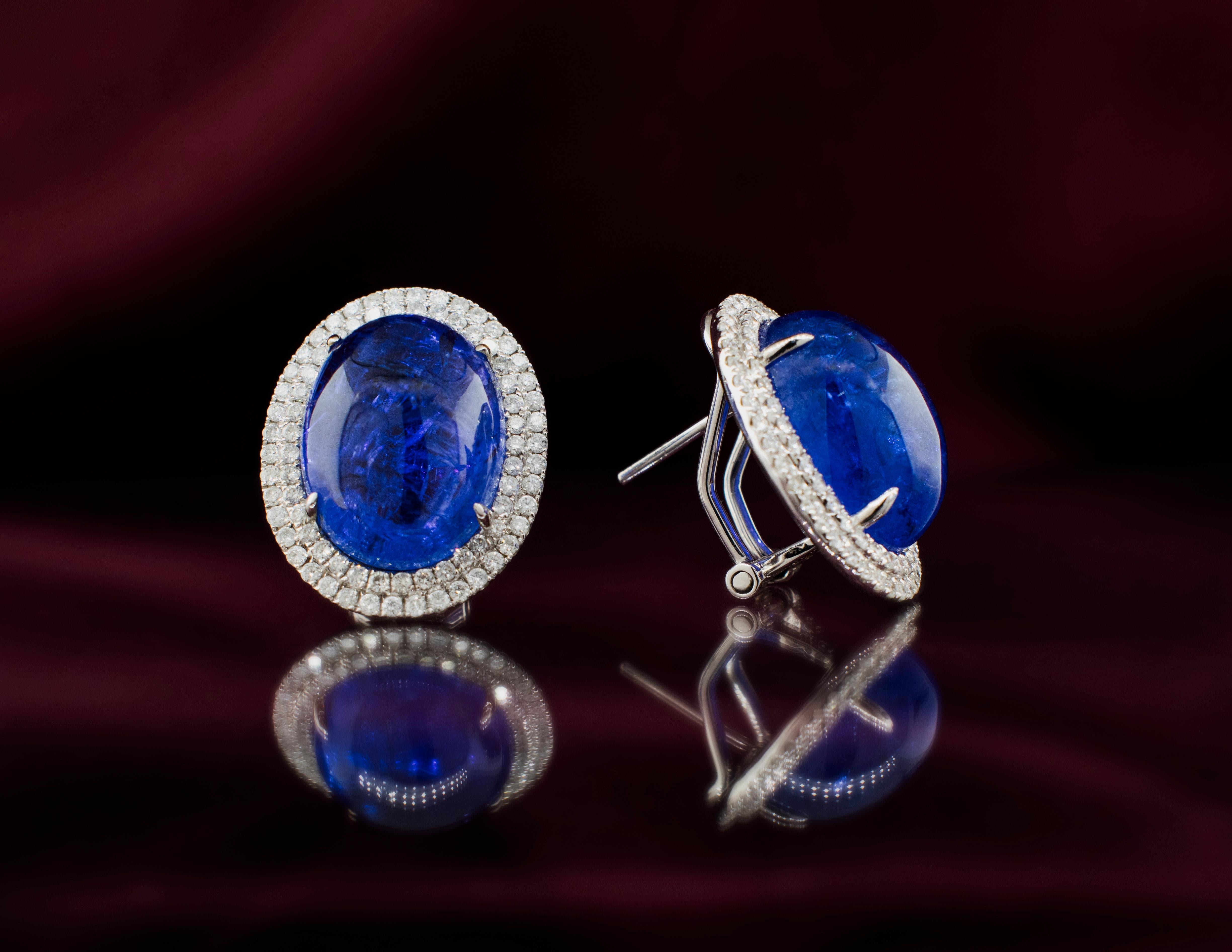 18K White Gold Cabochon 26 carat Tanzanite and Diamond Earrings with Omega Backs In Good Condition For Sale In Boone, NC