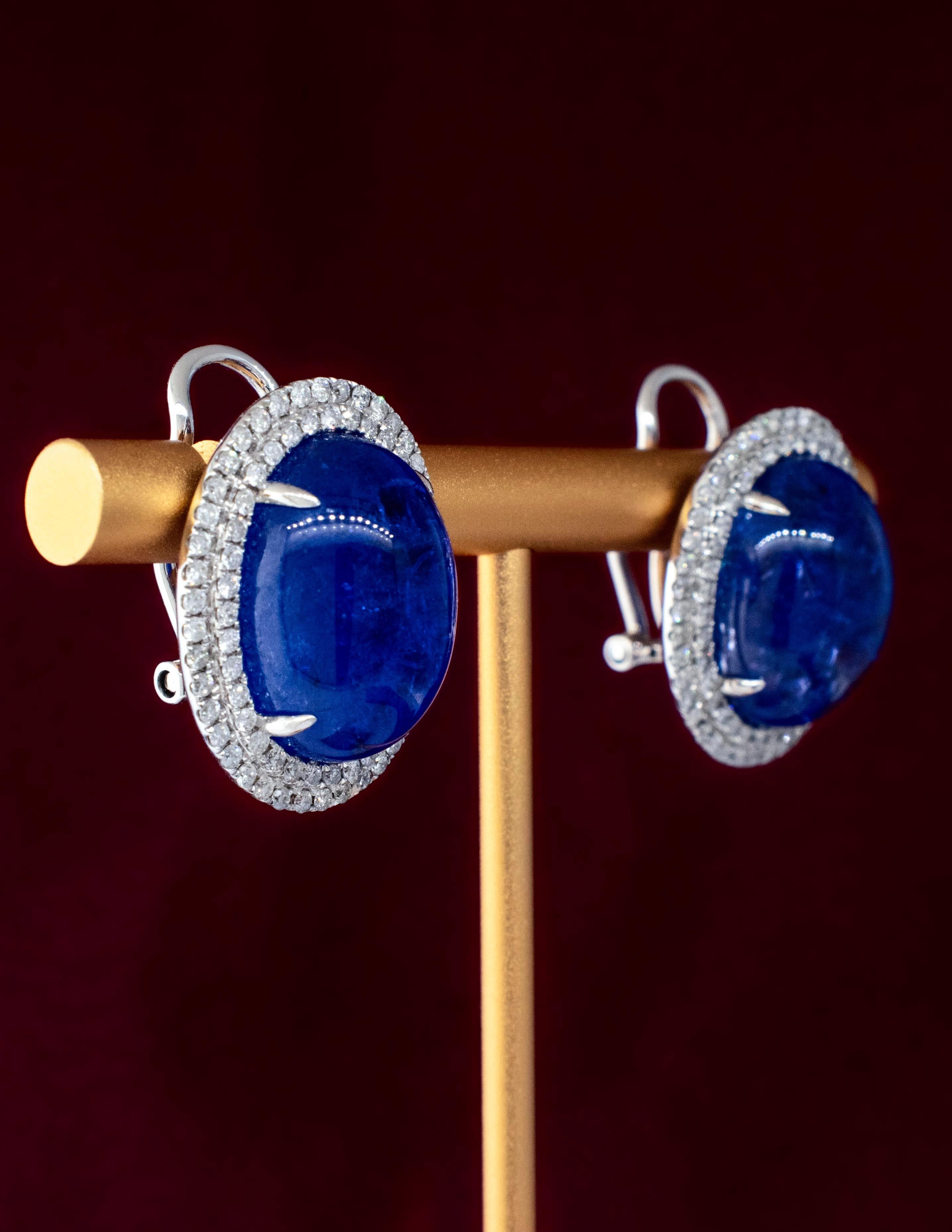 Women's 18K White Gold Cabochon 26 carat Tanzanite and Diamond Earrings with Omega Backs For Sale