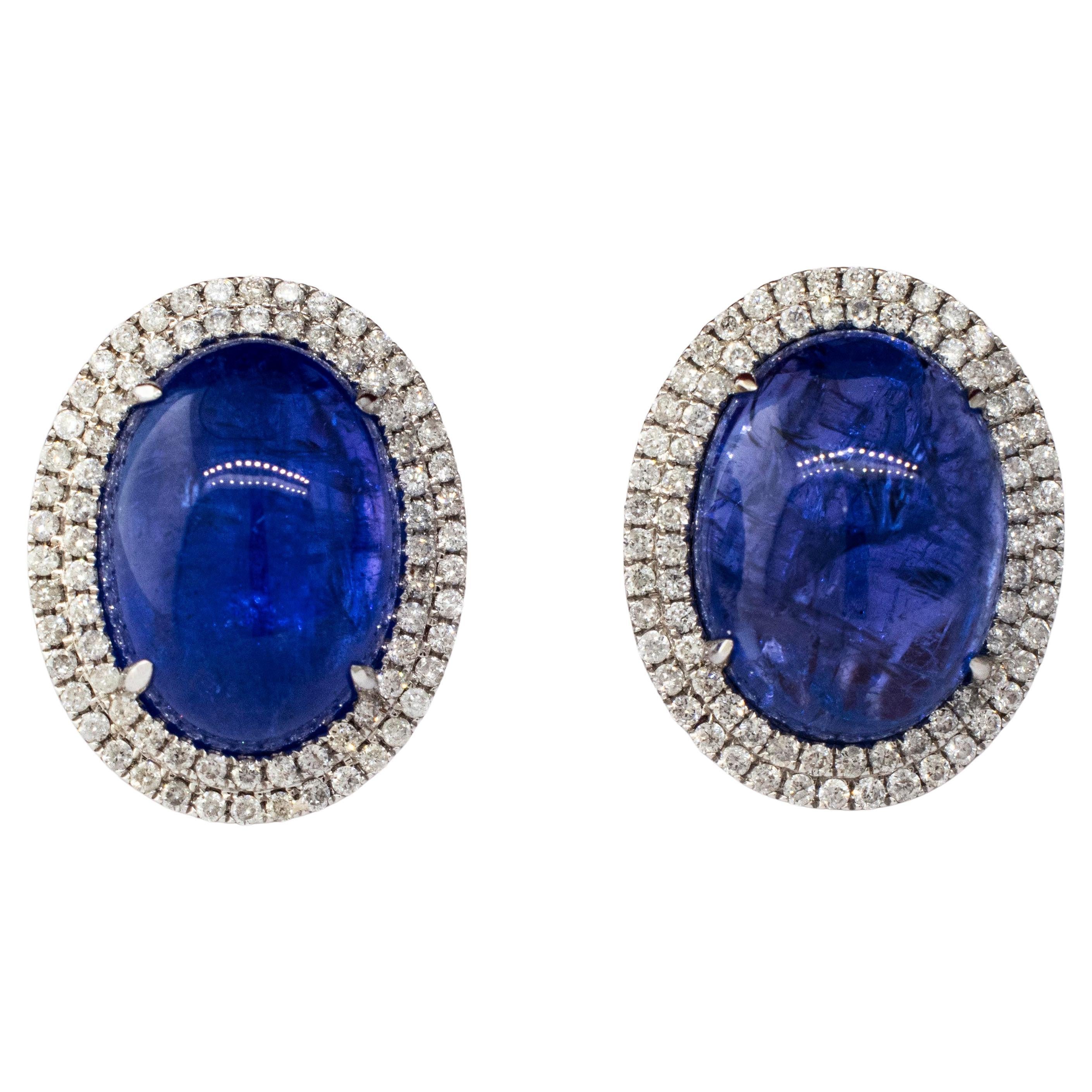 18K White Gold Cabochon 26 carat Tanzanite and Diamond Earrings with Omega Backs