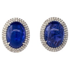18K White Gold Cabochon 26 carat Tanzanite and Diamond Earrings with Omega Backs