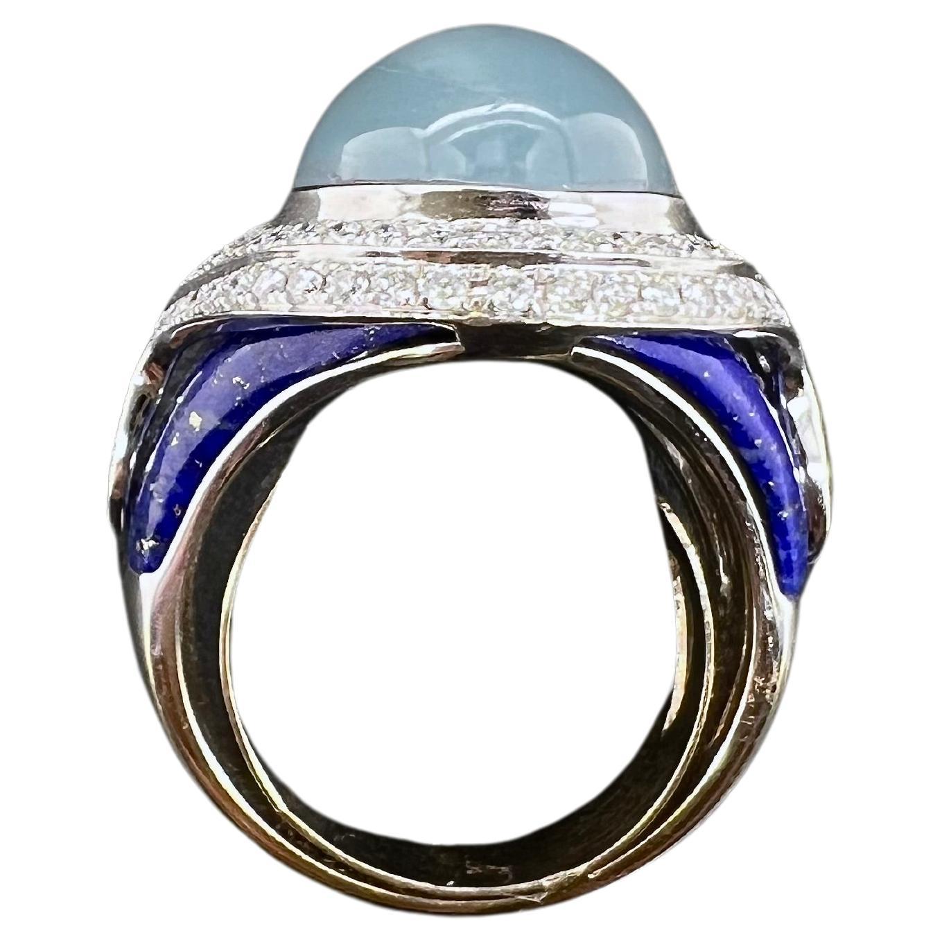 Contemporary 18k White Gold Cabochon Aquamarine Ring with Lapis Lazuli and Diamonds For Sale