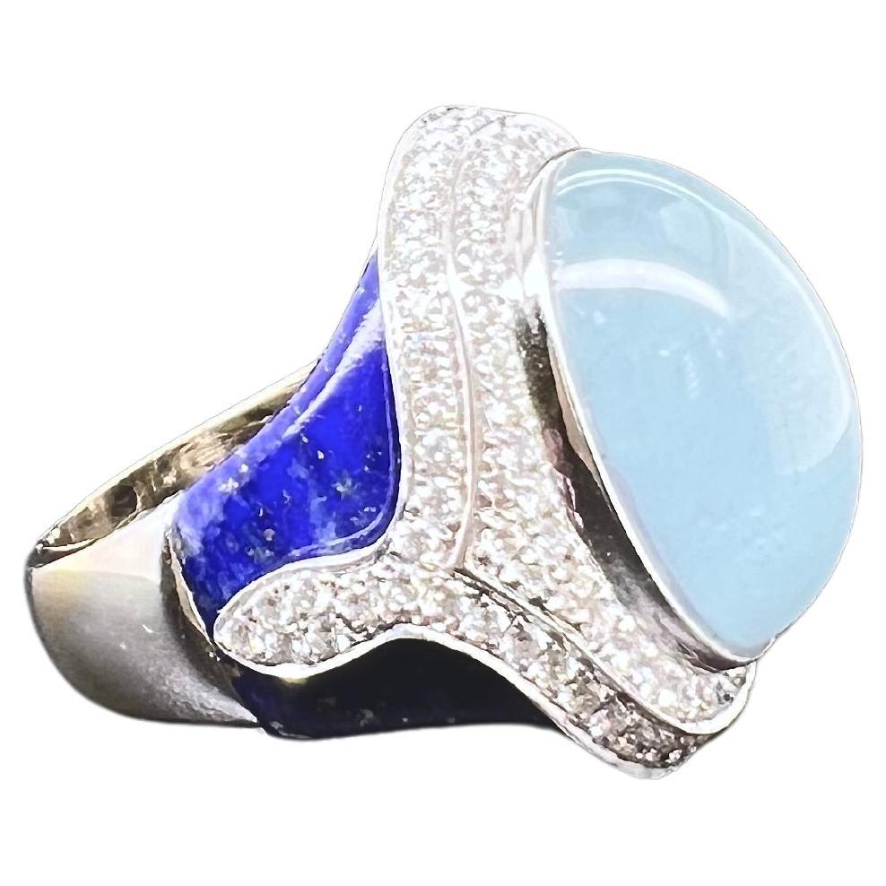 18k White Gold Cabochon Aquamarine Ring with Lapis Lazuli and Diamonds In New Condition For Sale In Carrollton, TX