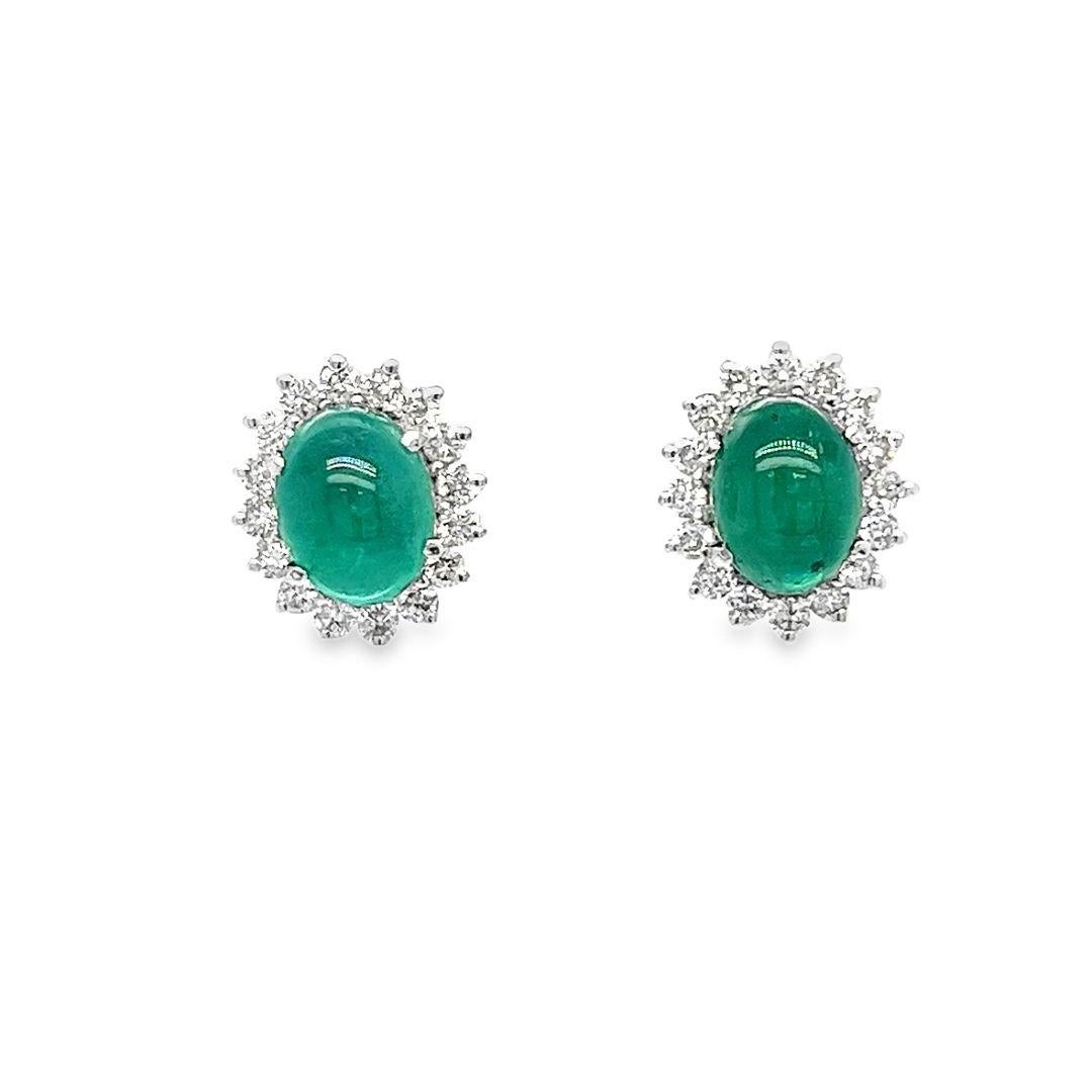 Women's 18K White Gold Cabochon Emerald and Diamond Halo Earrings For Sale